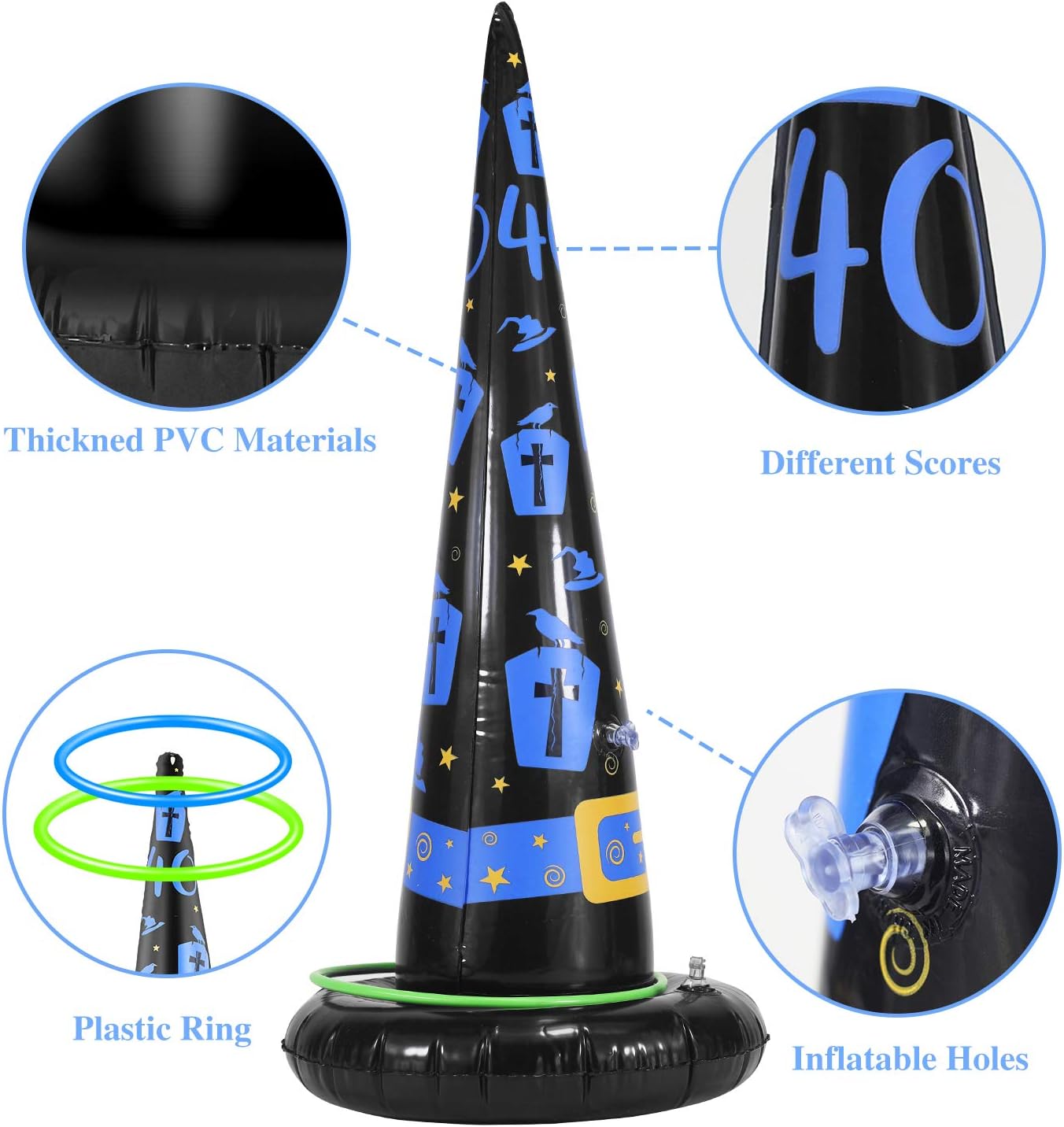 PTFNY 4 Pack Inflatable Witch Hat Ring Toss Game Halloween Games with 4 Rings Perfect for Halloween Christmas Party Favor Game Outdoor Party Game