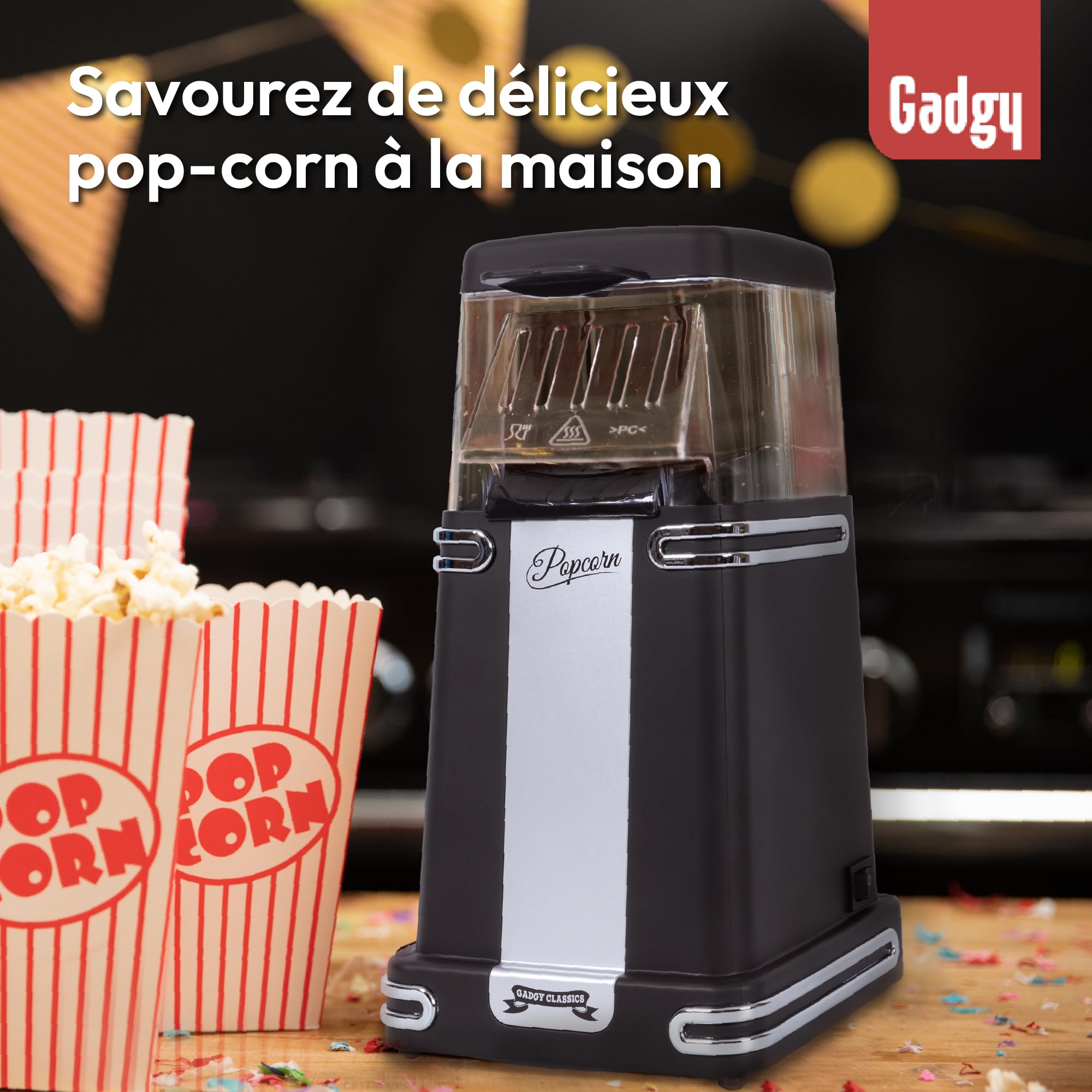 Gadgy Machine à Pop-Corn - Appareil à Popcorn - Machine à Pop-Corn à Air Chaud Rapide - Sans Huile, sans Graisse - avec Tasse à Mesurer et Couvercle Supérieur Amovible - Revêtement Noir Rétro