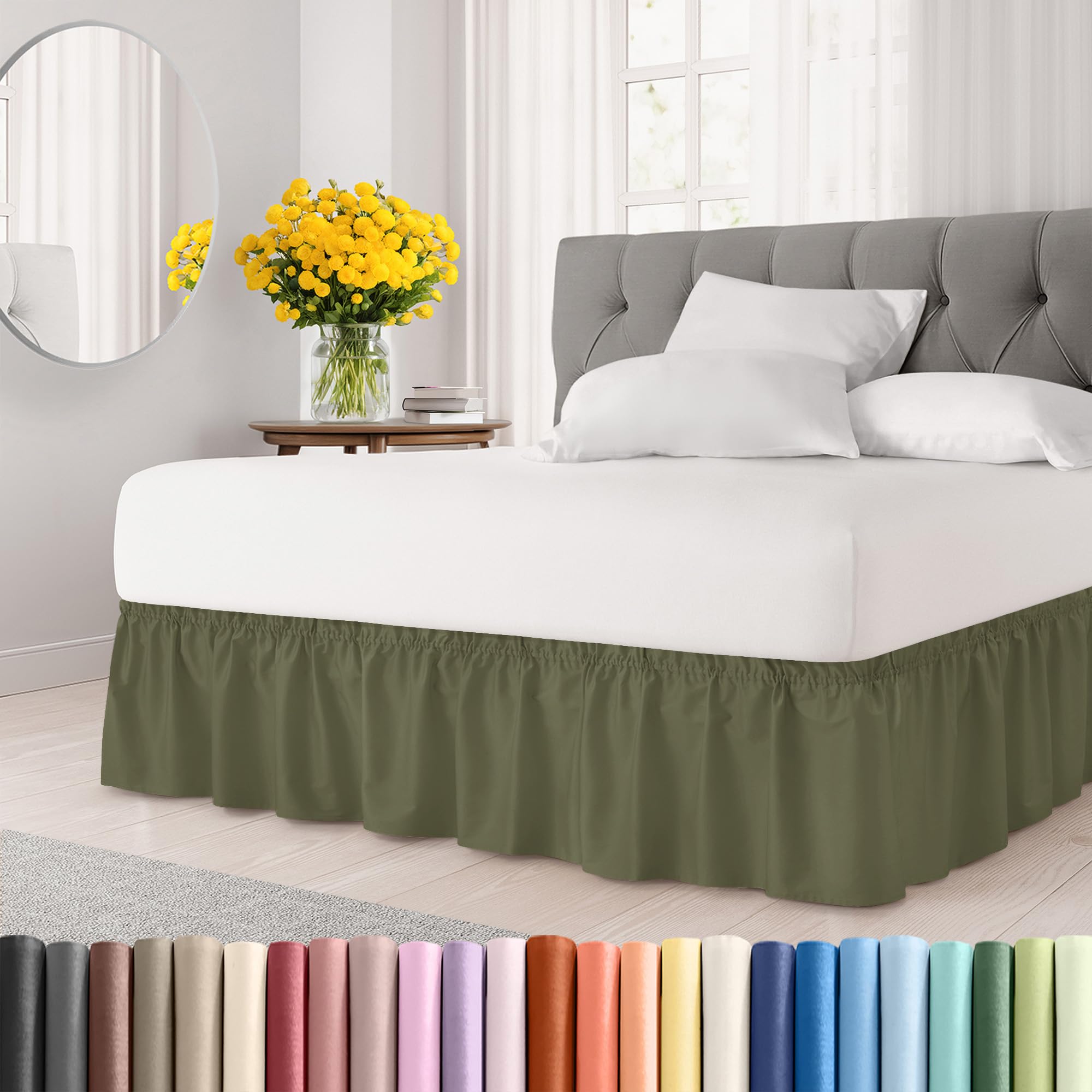 Wrap Around Dust Ruffle Bed Skirt - Sage Green - for Queen Size Beds with 15 Inch Drop