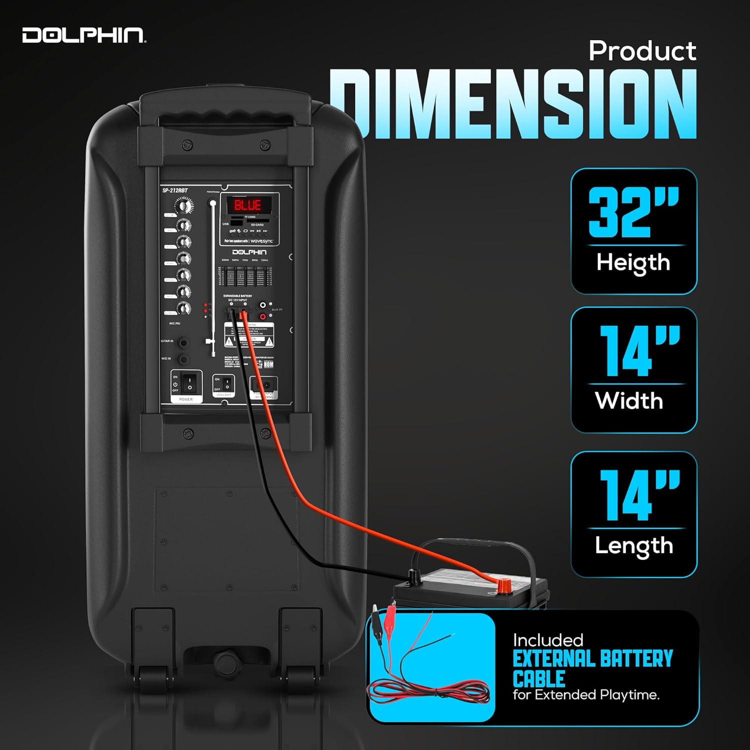 Dolphin BoxParty 2120 speaker with its dimensions clearly labeled: 32 inches height, 14 inches width, 14 inches length.