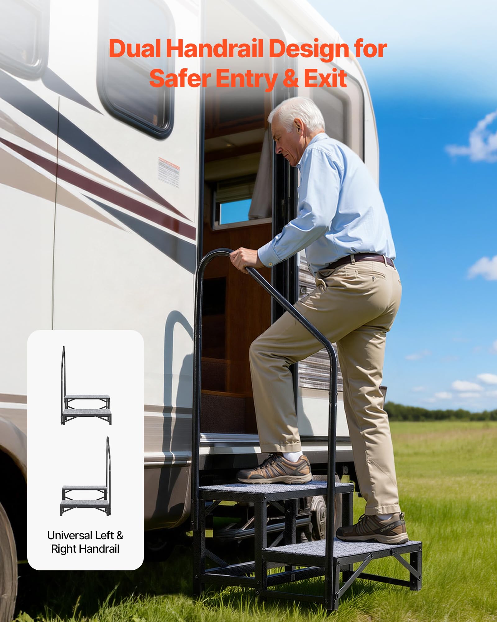 VEVOR Escalier Mobile à 2 Marches, Marchepied avec Rampe pour Caravane avec Patins Antidérapants, Capacité 300 kg, pour Personnes Âgées, Animaux Domestiques, Portable pour Camping-Car, Piscine, Spa