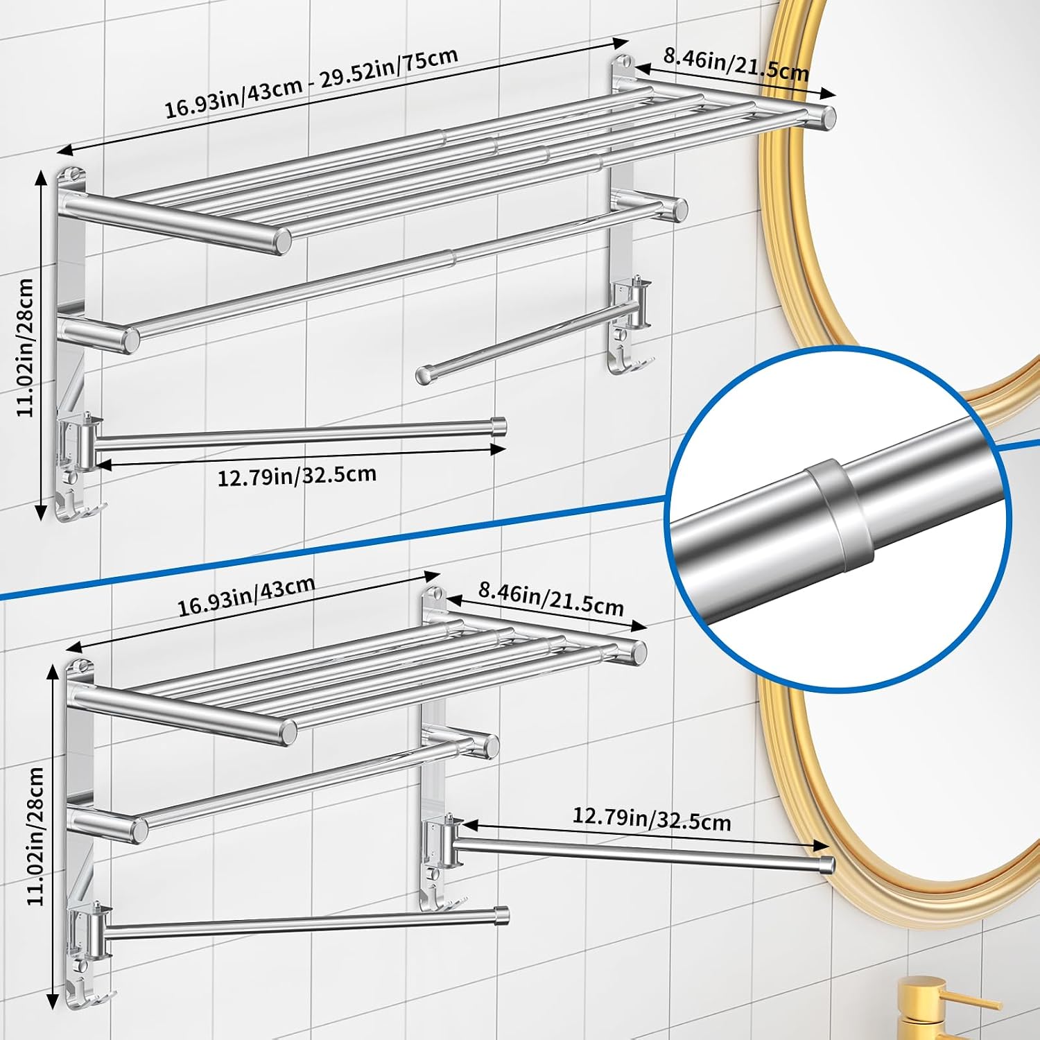 Retractable Towel Rack for Bathroom Stainless Steel Extendable Towel Shelf with 180° Swing Arms Wall-Mounted Towel bar with for Laundry Room (180 Rotating Towel bar) image 4