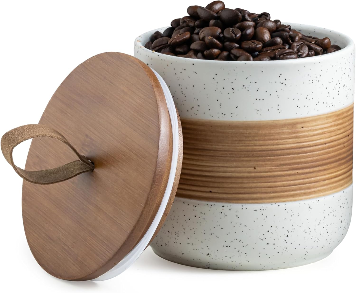 Miamolo 18oz Ceramic Coffee Jar with Airtight Wooden Lid - Stackable Kitchen Storage for Spices, Sugar, Tea - White Countertop Canister