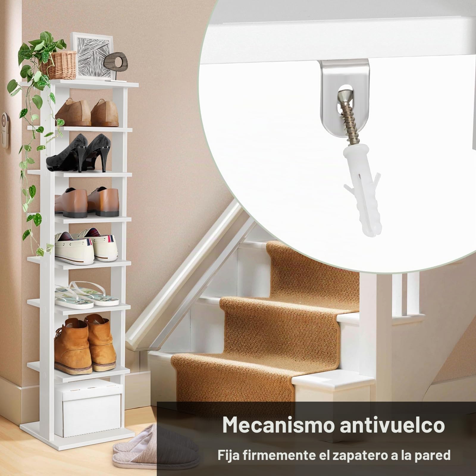 HOMASIS Zapatero de Madera, Zapatero Individual de 7 Niveles, en Panel de Madera MDF con Dispositivo antivuelco, Estante de Almacenamiento Independiente para Zapatos, 28,5x25,5x110cm (Blanco)