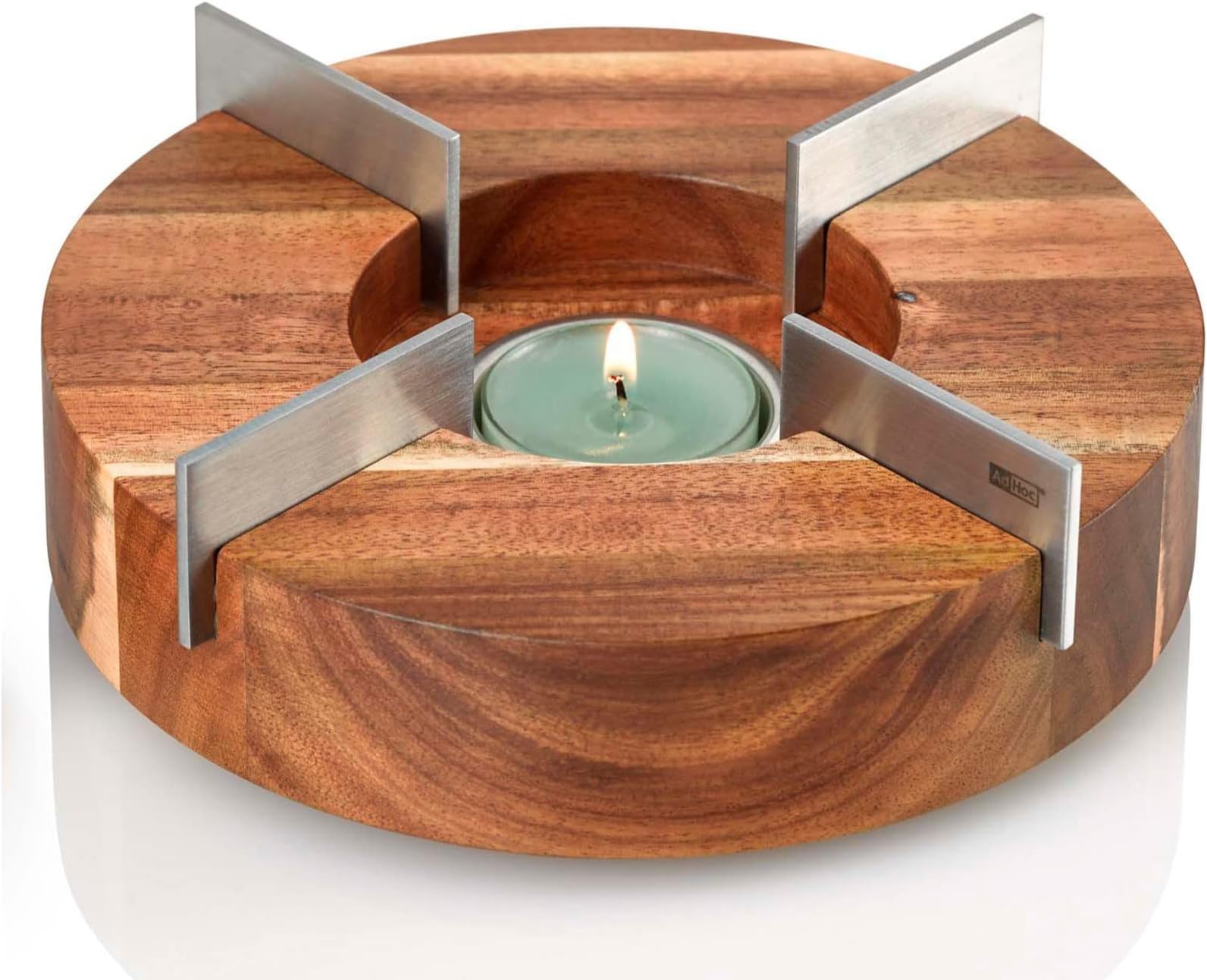AdHoc Tuto Teapot and Food Warmer, Candle/Tealight Warmer Stand For Teapots/Pots/Bowls, Great for Buffets and Parties, Stainless Steel/Acacia Wood, (H)50mm x (D)160mm