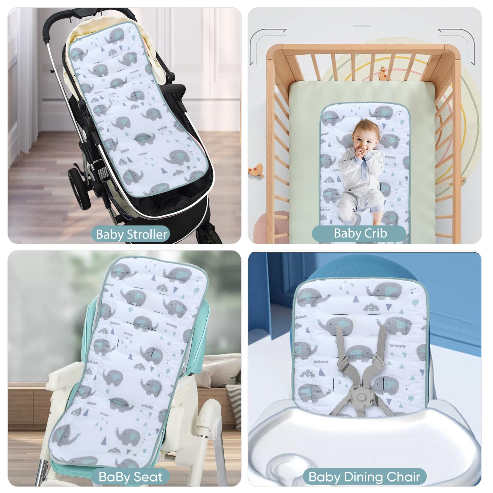 LAT Universal Colchoneta para Sillas de Paseo, Algodón Funda Universal Carro Bebe, Cojín Silla de Paseo para Cochecito de Doble Cara, Funda para Asientos de Cochecito para Bebés 78x34cm (Elefantes) — view 5