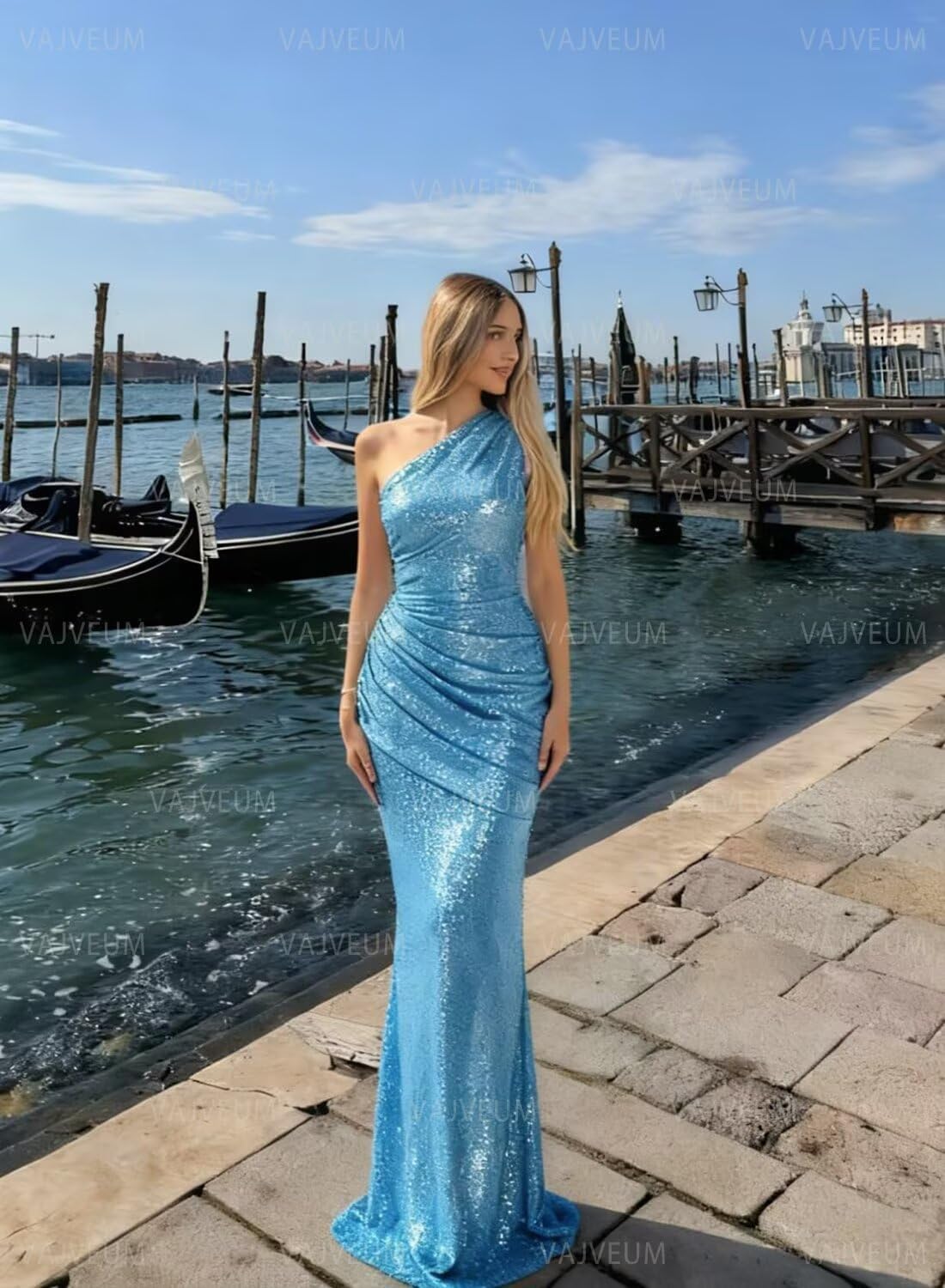 One Shoulder Prom Dresses for Women Sparkly Sequin Mermaid Long Prom Gowns Pleated Formal Evening Party Dress - Image 6