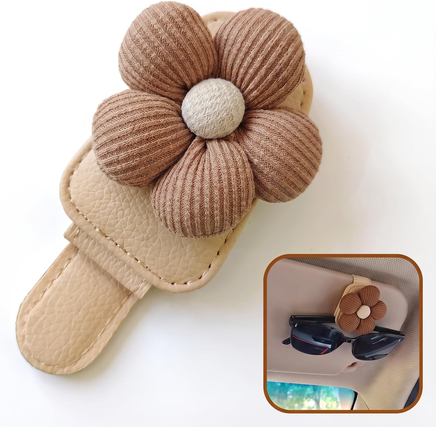 Car Sun Visor Sunglasses Holder Clip, Fabric Eyeglass Clip with 3D Floral, Cute Decorative Auto Interior Visor Accessory, Universal Fit for Most Cars (Brown)