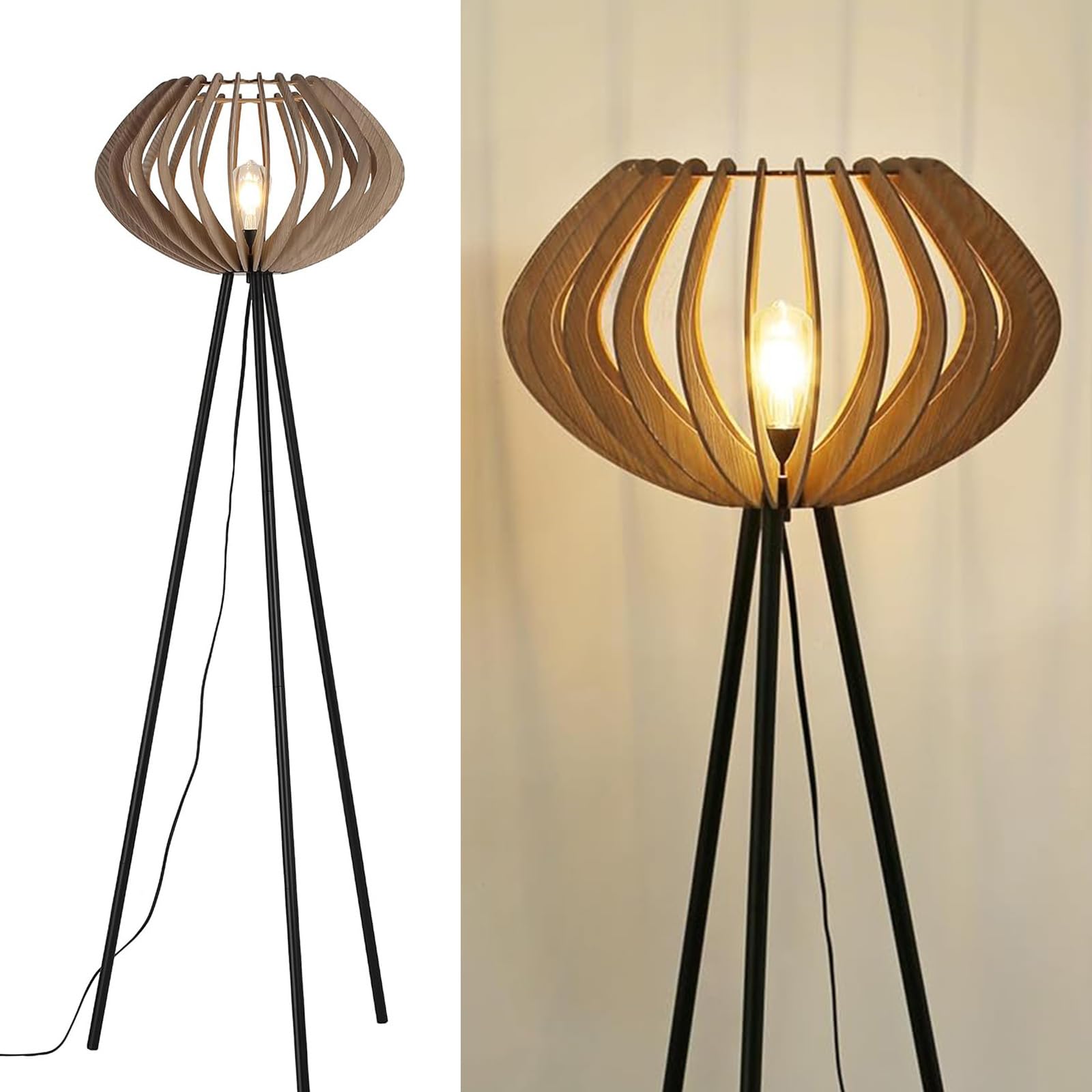 Alpinaluz Lampadaire Trépied Noir – Abat-Jour en Bois Laminé Ø48 cm, Hauteur 152 cm, Douille E27, Câble 3,8 m avec Interrupteur au Pied pour Salon ou Chambre