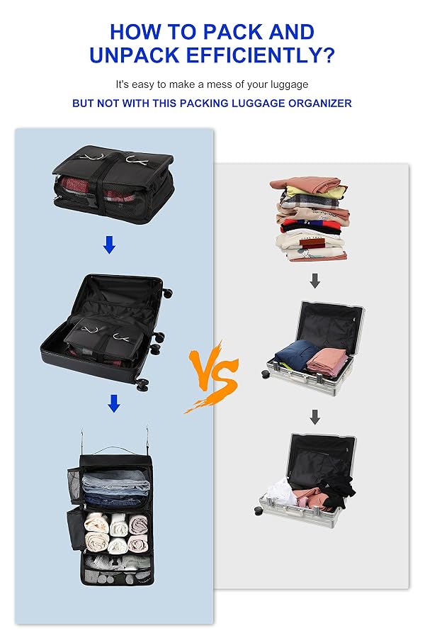 ELEZAY Hanging Packing Cubes Portable Closet 3-Shelf Travel Collapsible Compression Garment Organiser for Carry-on Luggage Suitcase Space Saver Bag X-Large_No Side Pockets, Black by ELEZAY - Image 2