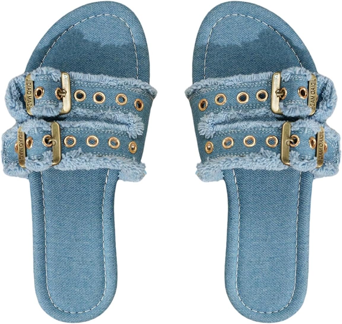 OYOANGLE Women's Double Buckle Sandals - Frayed Trim Design