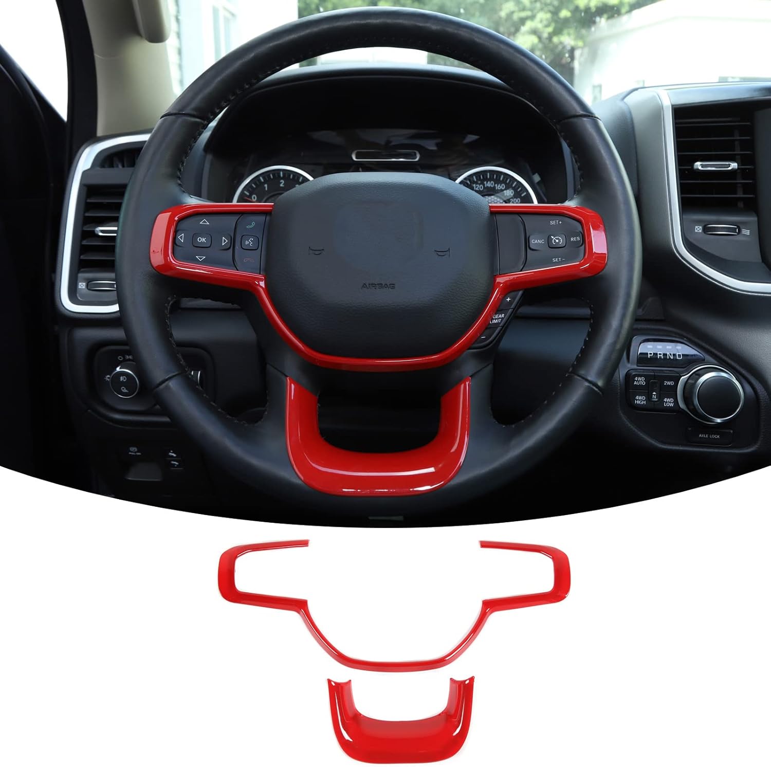 RT-TCZ Steering Wheel Trim Cover Frame Interior Decoration Accessories for 2018 2019 2020 2021 2022 Dodge Ram (Red)