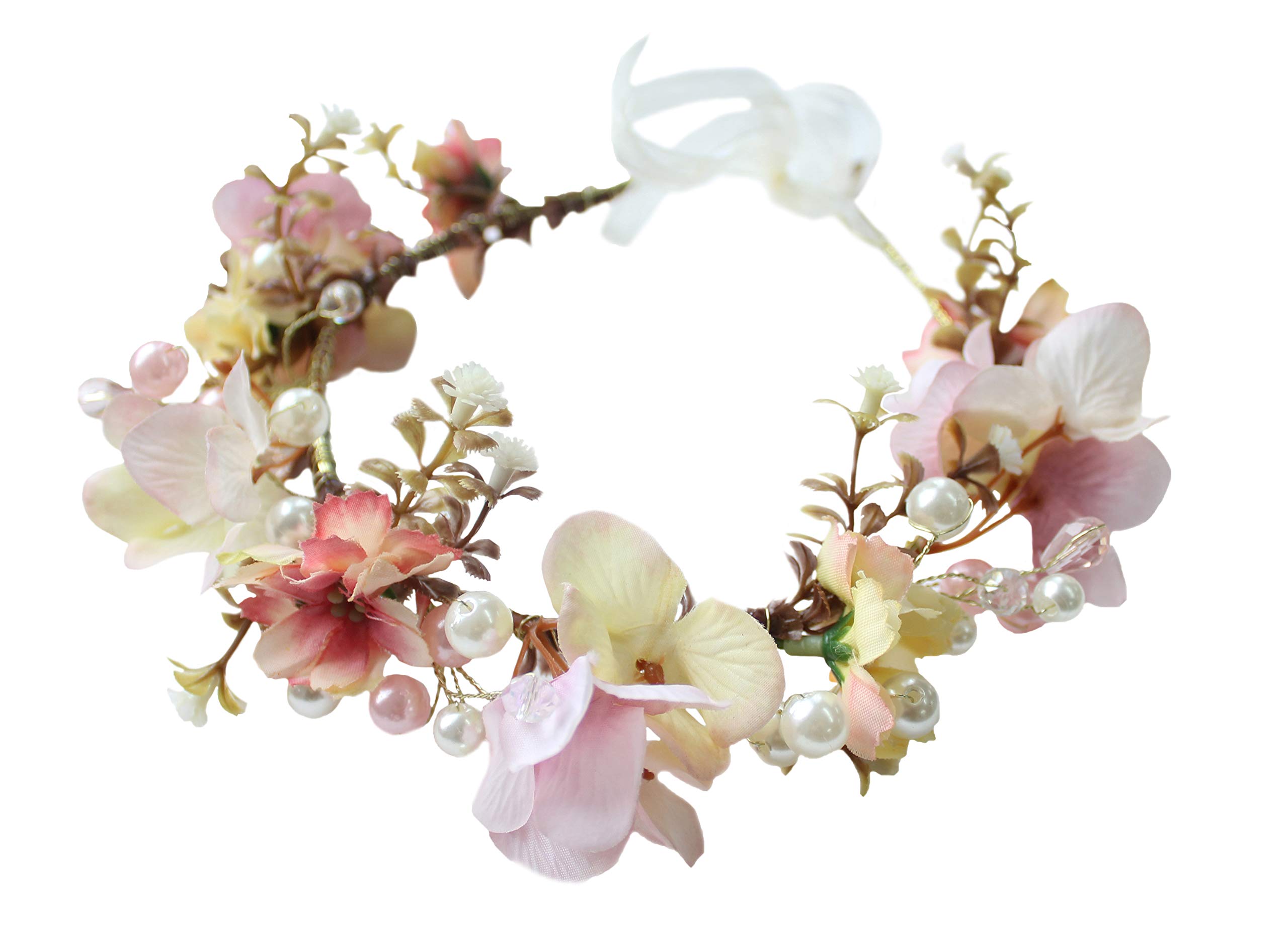 Vivivalue Women Floral Crown Boho Flower Headband Hair Wreath Floral Headpiece Halo with Ribbon Wedding Party Festival Photos