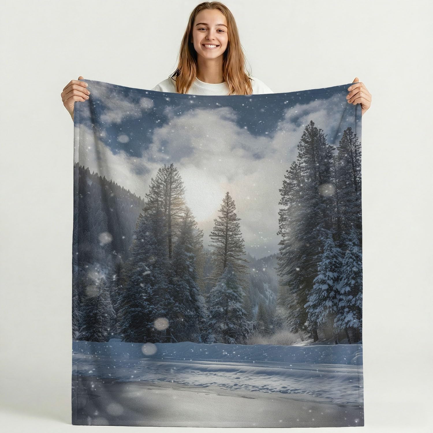 Générique Szaro-niebieski koc flanelowy z motywem eterycznego lasu ze sceną leśną, przytulny koc flanelowy, 180 cm x 200 cm, na łóżko, sofę, wystrój pokoju dziecięcego