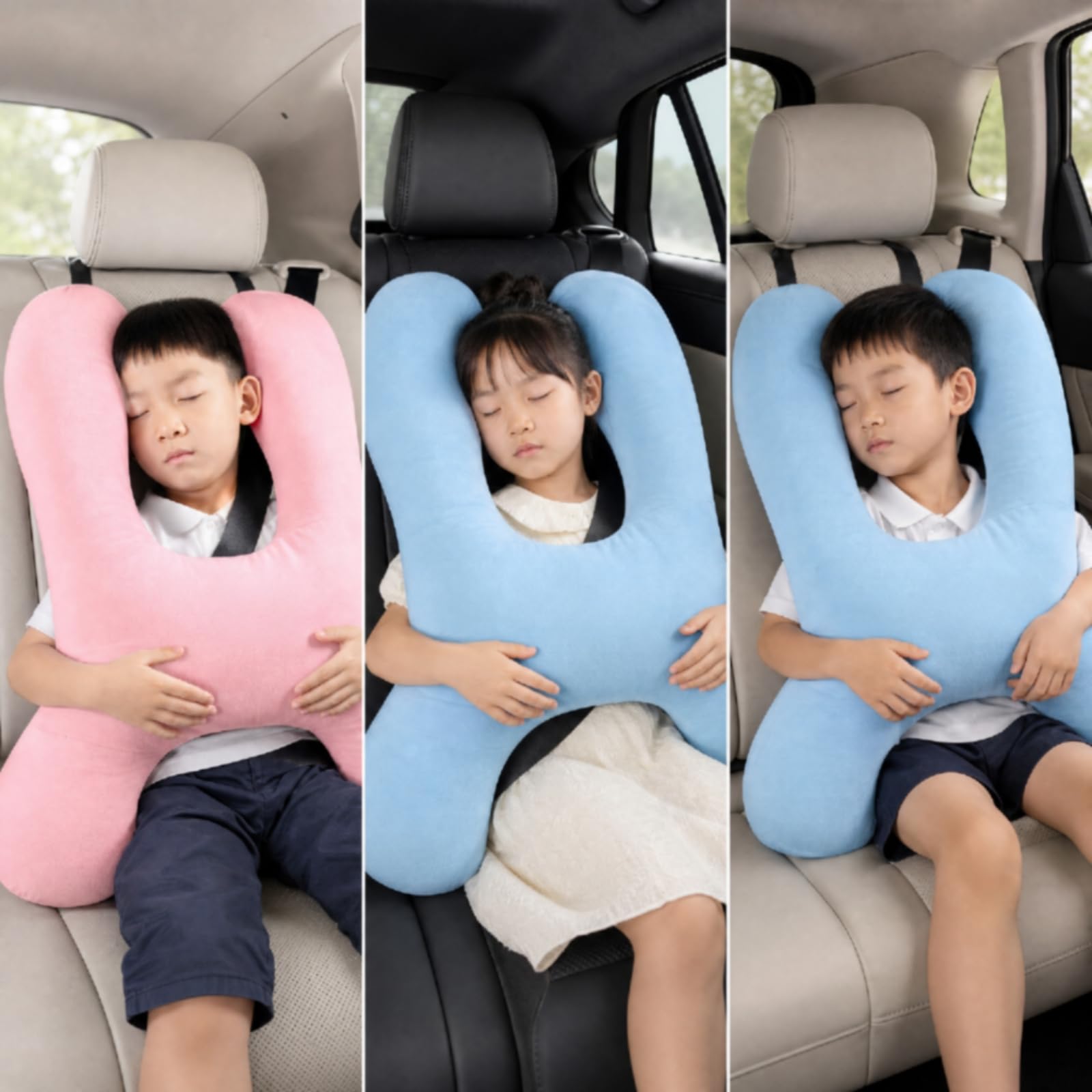Cuscino con Cuscini Laterali Rialzati Morbido Poggiatesta Delicato Pelle per Bambini, Sedile Posteri Auto, Viaggi, Tipo H