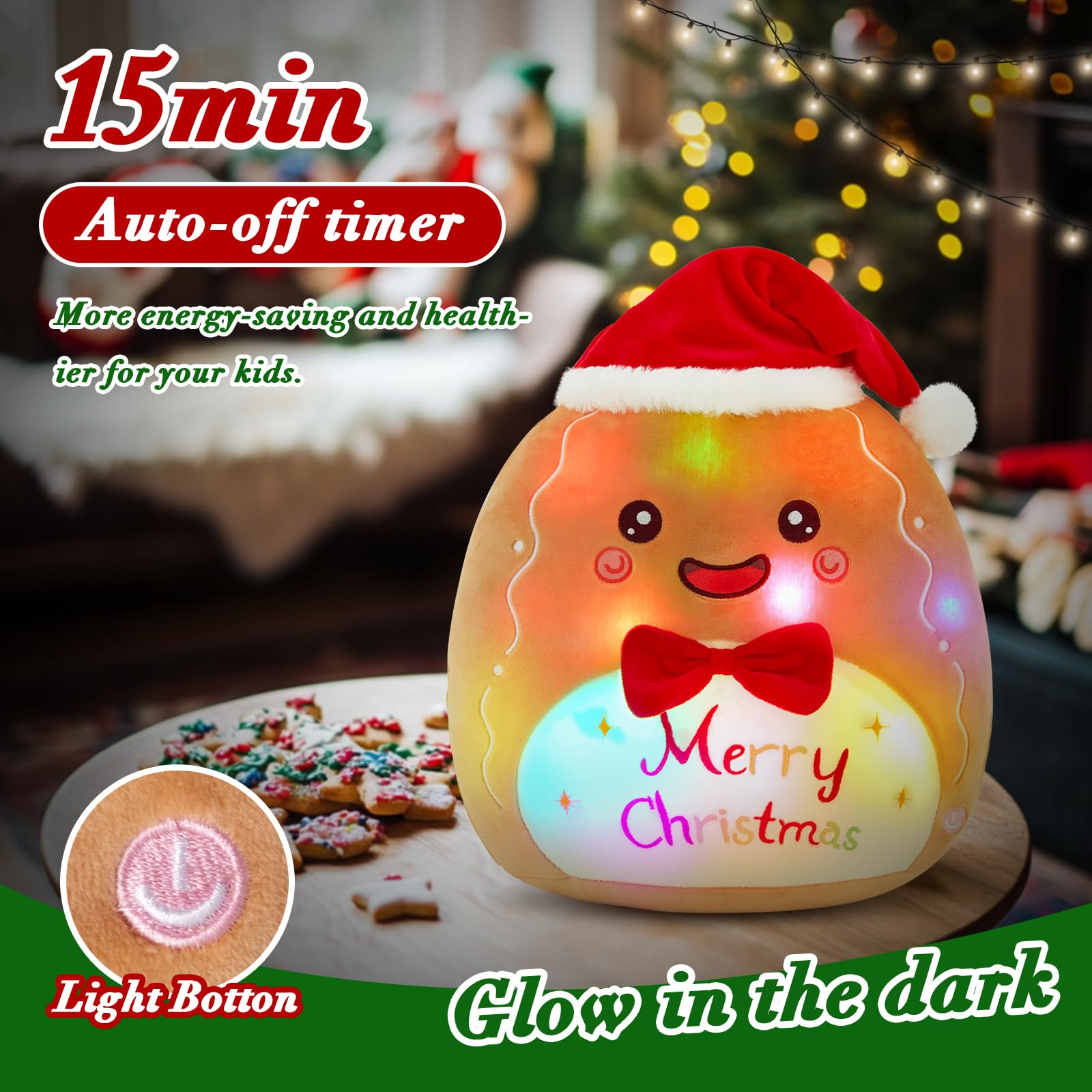 Glow Guards 12-inch Light up Gingerbread Man Plush Pillow, Soft Gingerbread Man Stuffed Animal Toy, LED Christmas Plush Stuffed Pillow Christmas Party Decoration Gift for Kids Boys and Girls