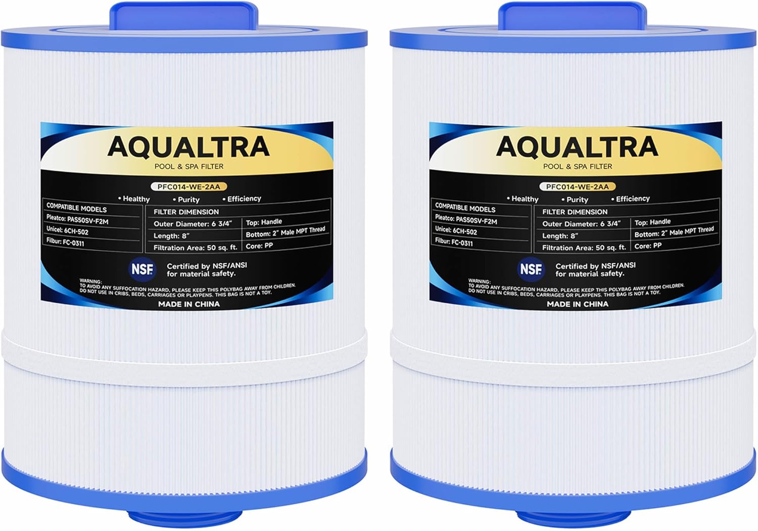 AQUALTRA Spa Filter Compatible with 6CH-502, PAS50SV-F2M, FC-0311, 50 sq.ft. 6 3/4" x 8” Screw in Hot Tub Filter (2" Male MPT Thread) 2 Pack