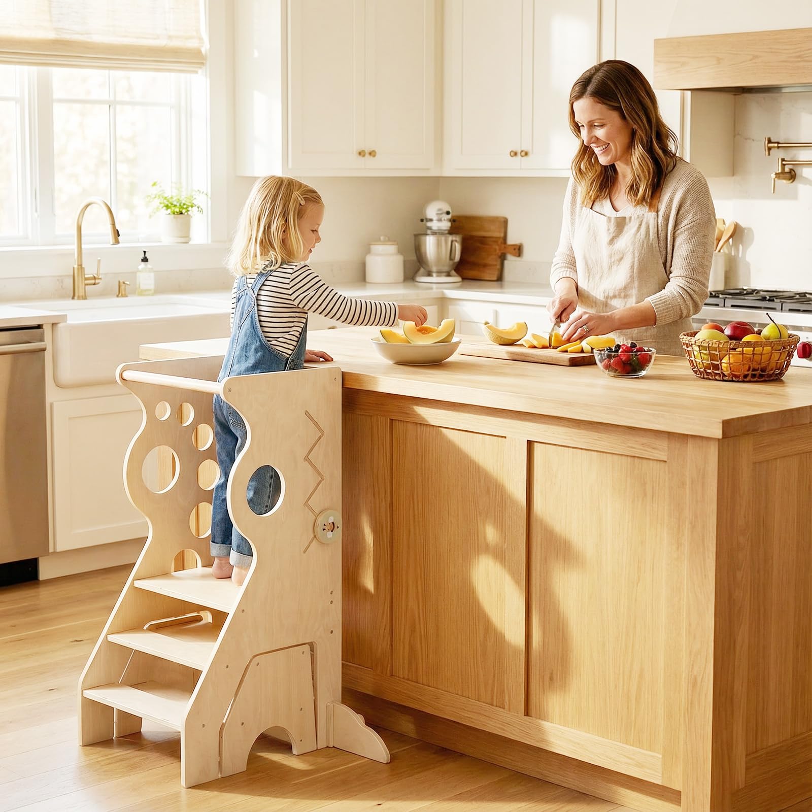 COSTWAY 3 in 1 Lernturm mit 2-Stufen-Hocker, Tritthocker aus Holz mit abnehmbaren Sicherheitsstangen & Linienspiele, Trittleiter & Kindersitzgruppe Montessori, Trittschemel für Kinder ab 3 Jahren