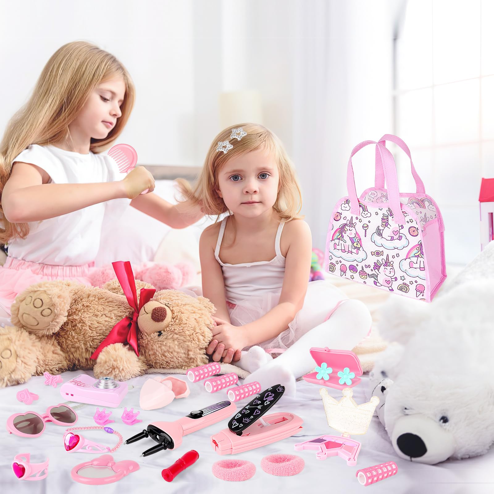 deAO Maquillaje para Niñas,Juego de Belleza Estilismo y Moda Conjunto de Accesorios Fashion Bolso de Mano Incluye Maquillaje Artificial Teléfono y Cámara de Juguete