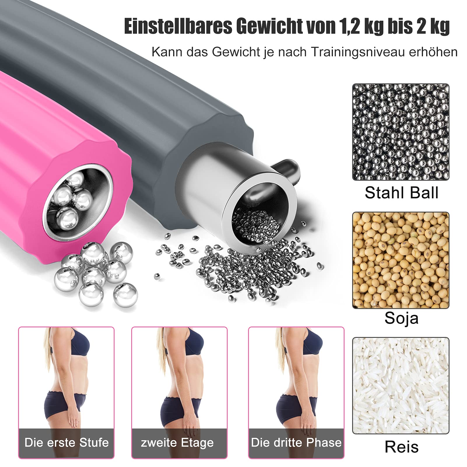 Hula Hoop Reifen, Hula Hoop Reifen Erwachsene für Fitness, 1,8 kg-3,5 kg Gewichtsverstellbarer, Rein Hoop für Erwachsene & Kinder zur Gewichtsabnahme und Massage (Grau Rosa)
