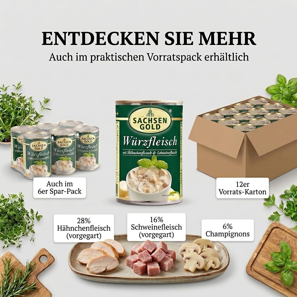 Sachsen Gold Würzfleisch 12x400g – Hähnchen & Schweinefleisch | Mit Champignons, traditioneller Rezeptur – ostdeutsche Spezialität zum Überbacken, 4,8 kg Vorrat