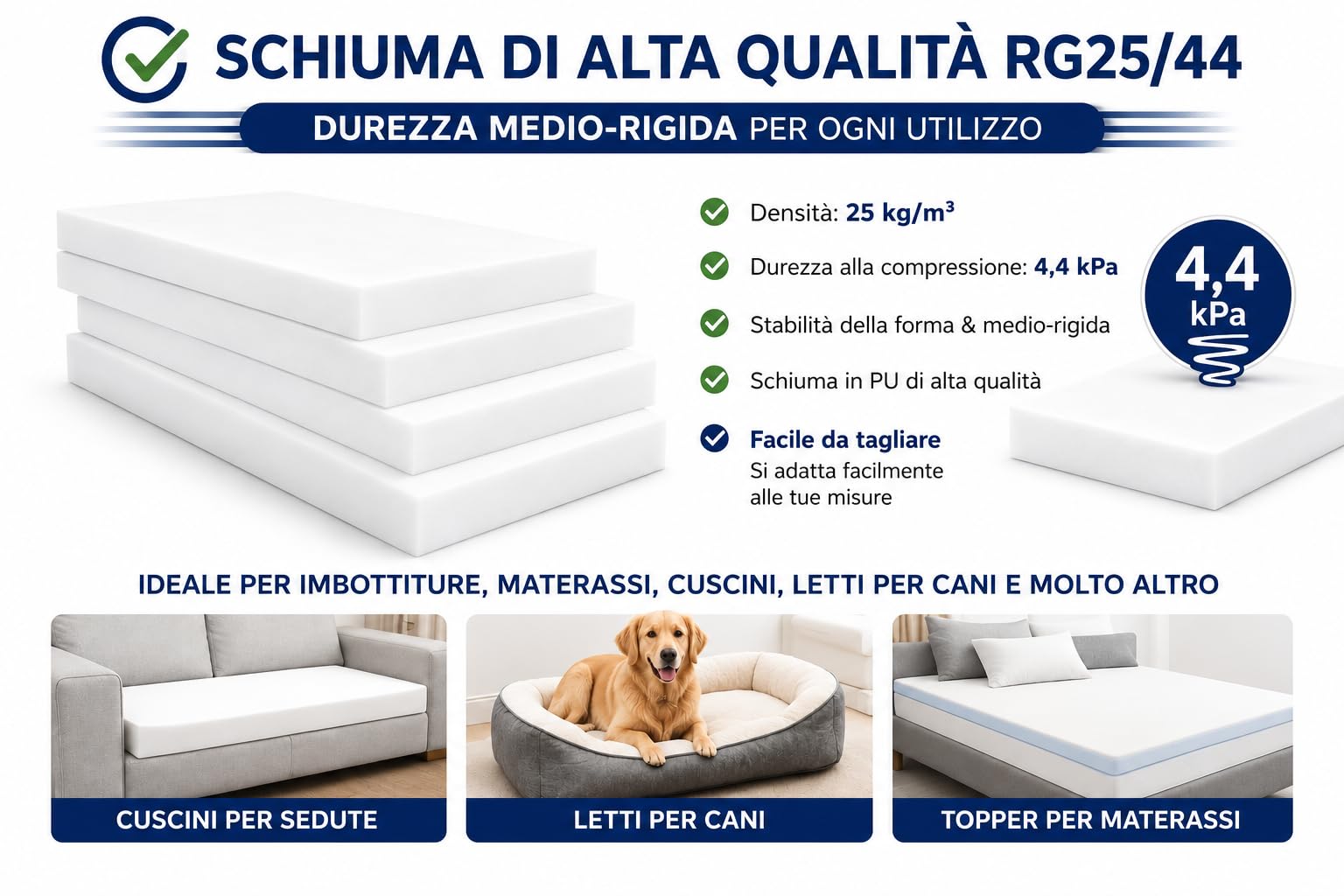 All4All Gommapiuma in Schiuma Poliuretanica RG25/44-120x200x5 cm - Media Densità - Imbottitura per Divano e Materasso