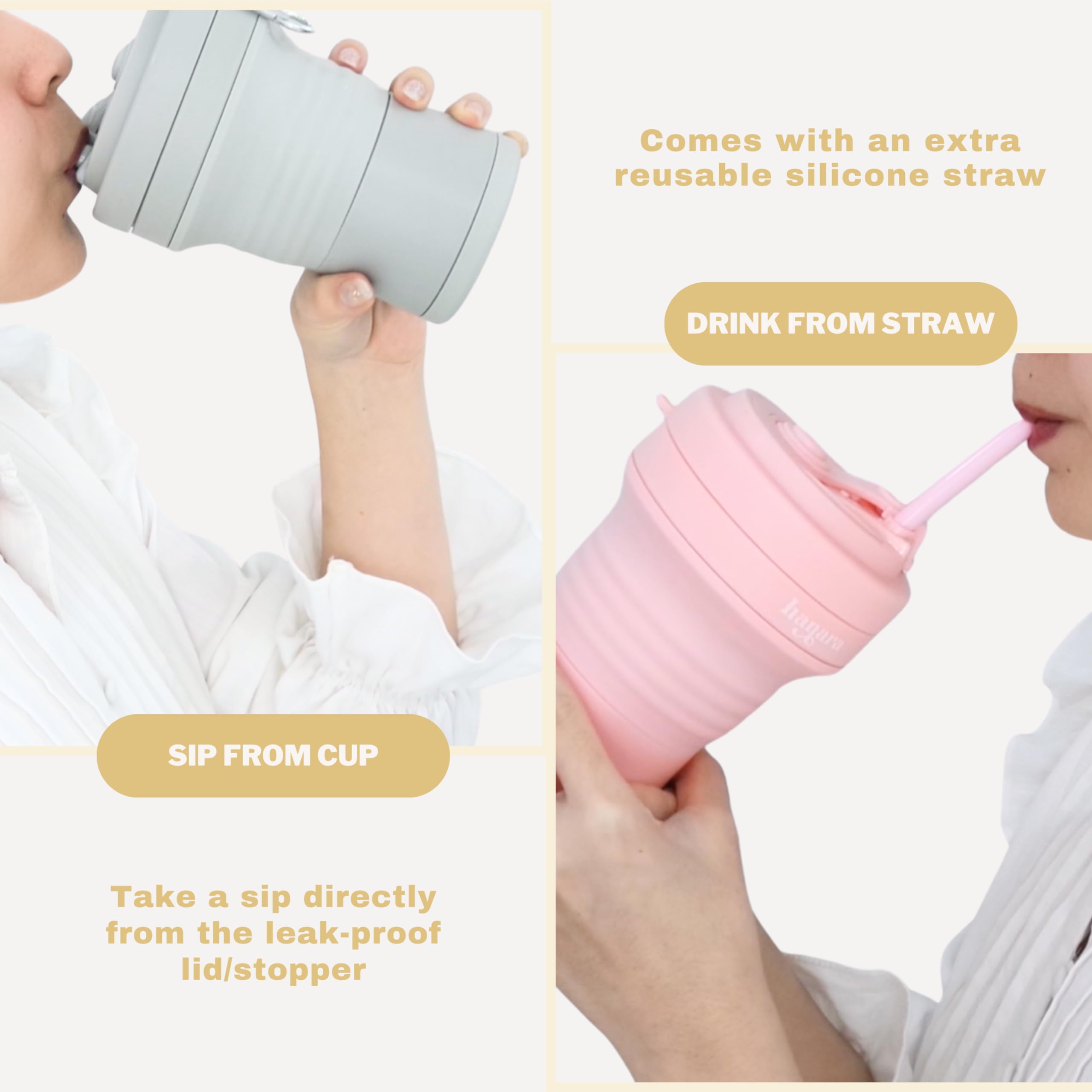 HANARA Tazas de café plegables con popote de silicona reutilizable, 550 ml, perfectas para viajes, camping, escuela, trabajo, sin BPA, a prueba de fugas, aptas para microondas y lavavajillas (beige)