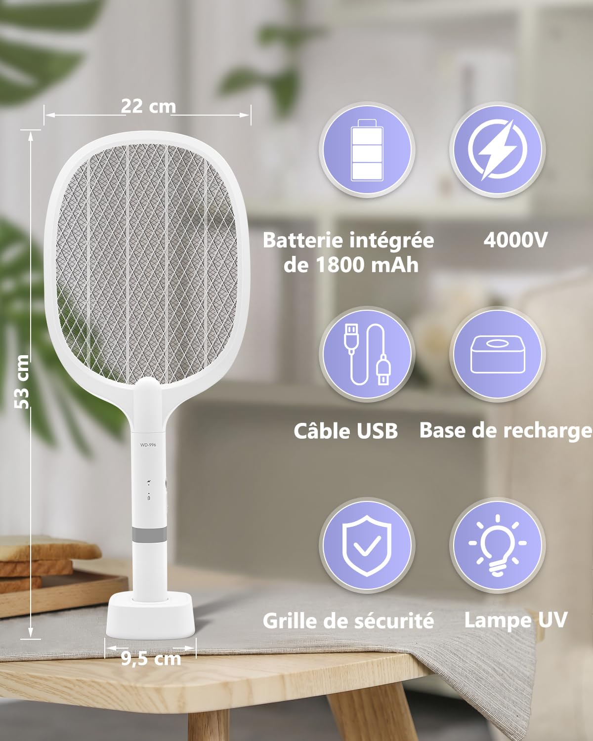 Raquette Électrique Insectes, Raquette Anti-Moustiques à Lumière UV 4000V 2 en 1, 1800mAh USB Rechargeable Tapette à Mouches Électrique avec Base de Recharge, Efficace pour Intérieur Extérieur