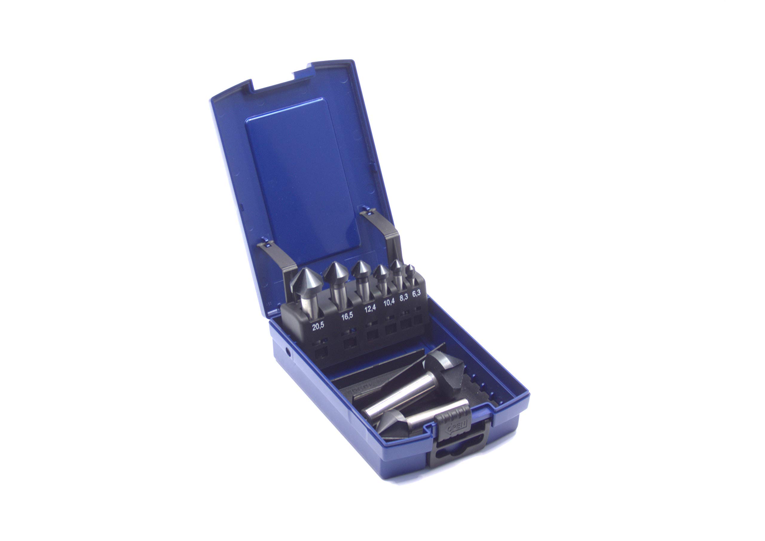 Lot de 8 fraises coniques avec revêtement TiAlN 6,3 mm – 31 mm HSS-G angle 90° dans une boîte rose avec stylo lubrifiant
