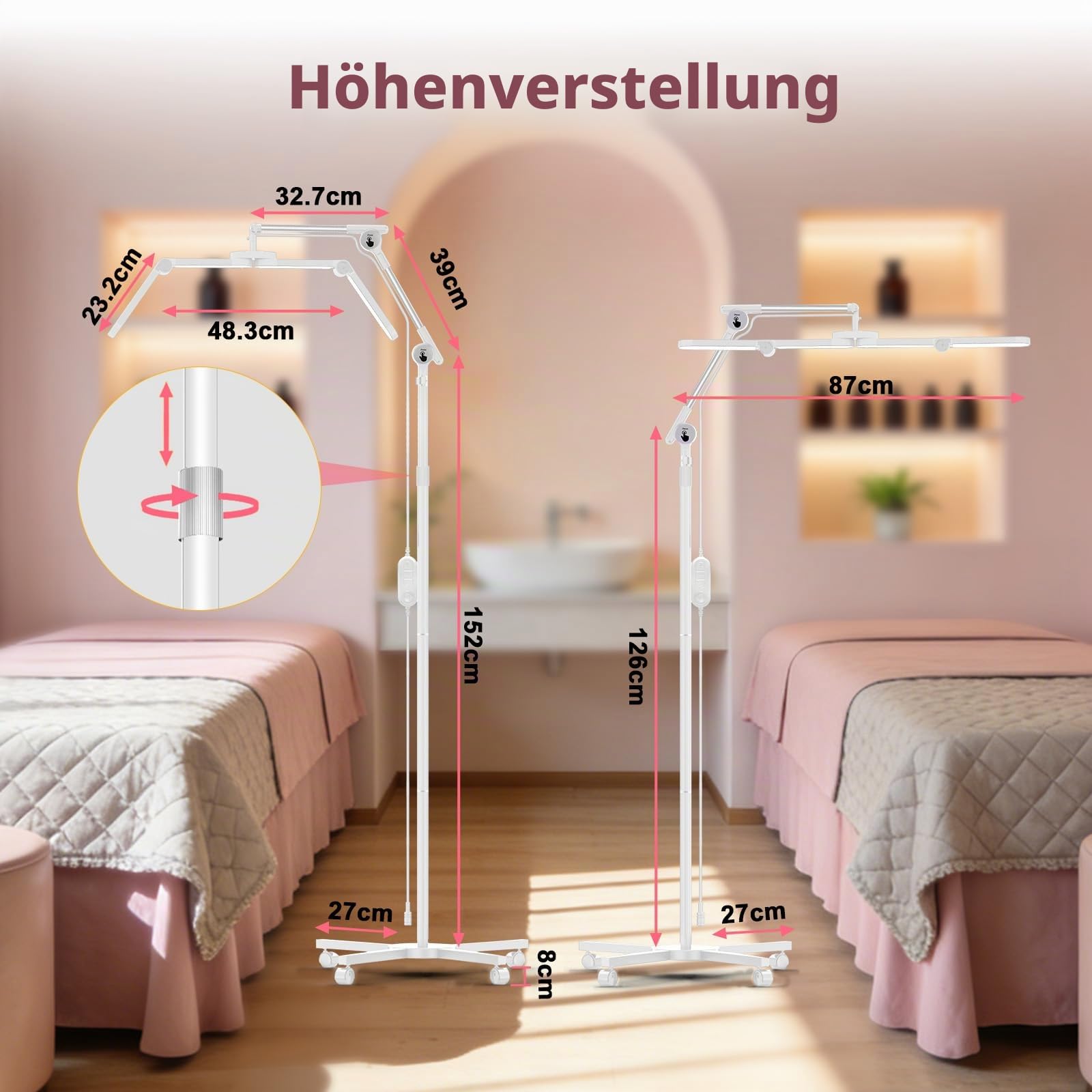 Diesisa Faltbar Flimmerfrei kosmetiklampe mit Rollgestell für Beauty Salon | Einstellbarer Höhe Beauty Lampe Kosmetik, Kosmetik Licht mit 360° Lampenköpfe für Studios, Wimpernverlängerung, Nageldesigns
