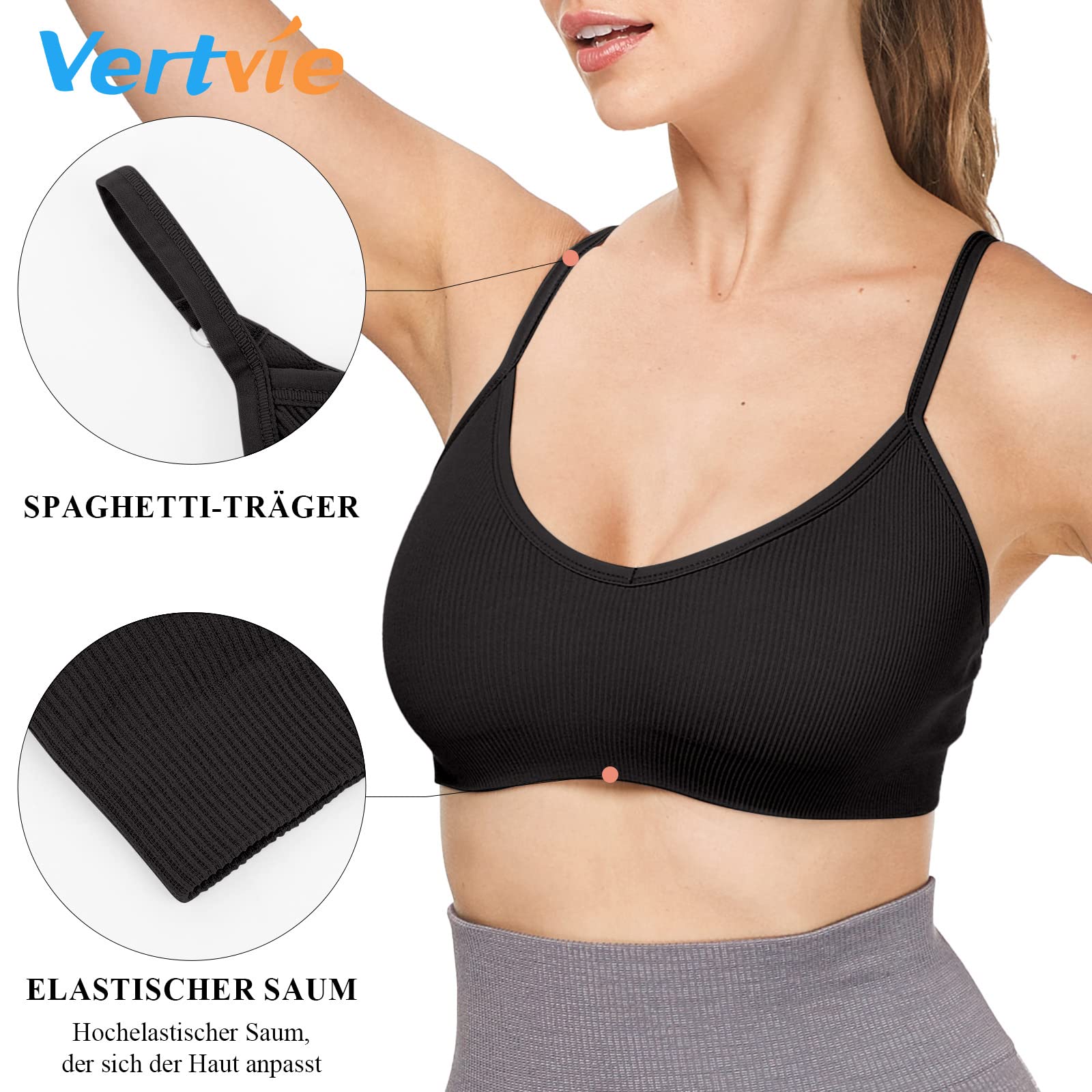 Vertvie - Reggiseno sportivo da donna, 2/3/4 pezzi, senza ferretto, imbottito senza cuciture, reggiseno a basso supporto 3 nero S