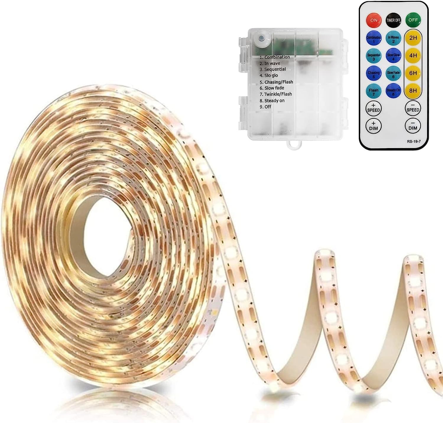 CCILAND 5M Strip Lights Battery Powered, 150 LED 2700K 2835 SMD Light Strip with Remote 8 Modes Timer, Outdoor Strip Lights Waterproof Self-Adhesive for Kitchen Bedroom Cabinet Bar Decor (Warm White)