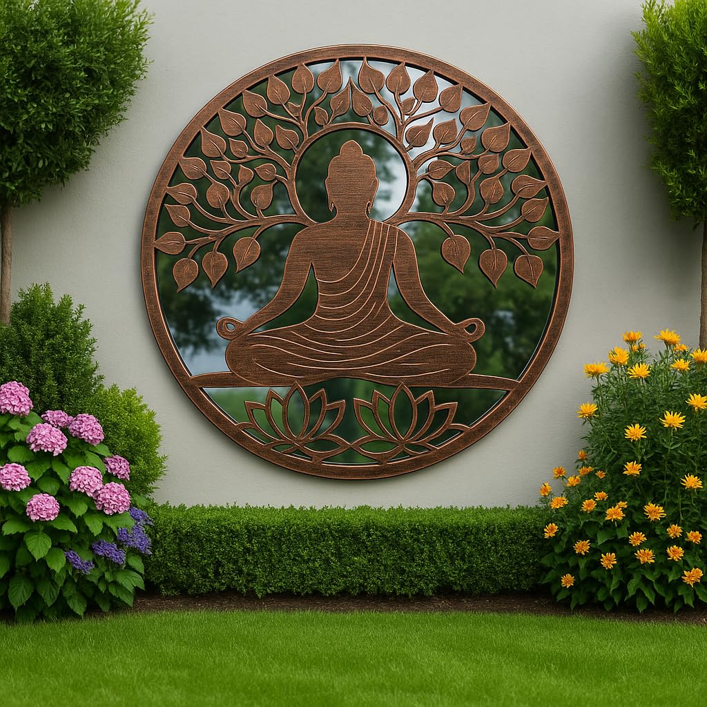 Marissa's Garden & Gift Copper Handmade Buddha Wall Art With Tree Of Life, Bronze With Black Touch Metal Plaque, 60Cm Round, Acrylic Mirror, Powder Coated Steel, Indoor And Garden Decor