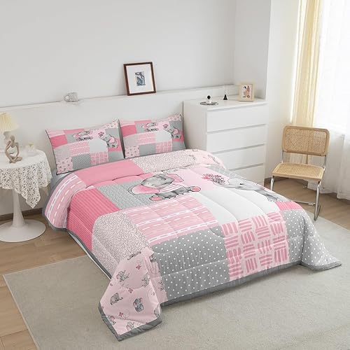 Miniatura 3 de Juego de edredón femenino de elefante tamaño individual, juego de ropa de cama geométrico a cuadros rosa y gris para niños y hombres, juego de
