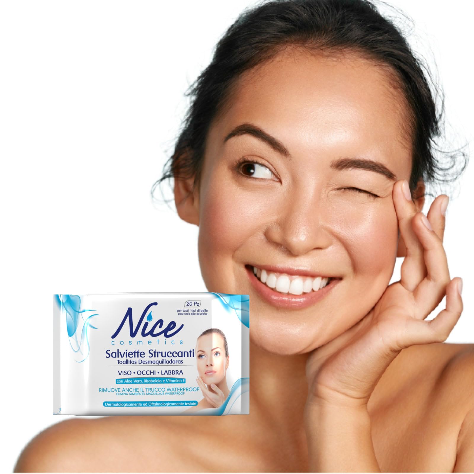 Nice Salviette Struccanti per Viso, Occhi e Labbra, con Aloe Vera, Bisabololo e Vitamina E, Dermatologicamente e Oftalmologicamente Testate, Confezione Tascabile da 20 Salviette