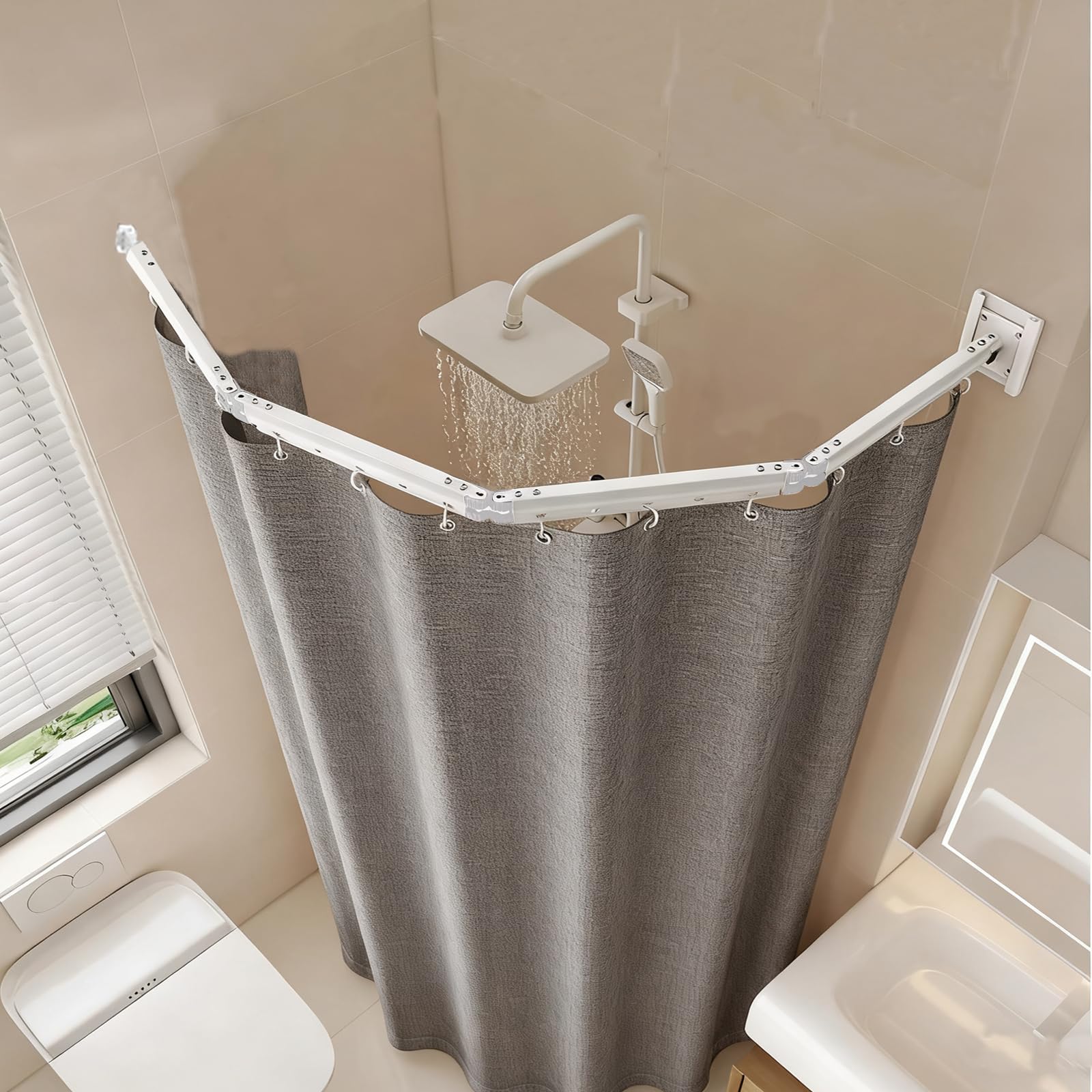 Barra de cortina de ducha plegable sin necesidad de taladrar, plegable en 4 posiciones y giratoria, aleación de aluminio, con 180 x 200 cm, cortina de ducha impermeable antimoho, para baño (blanco