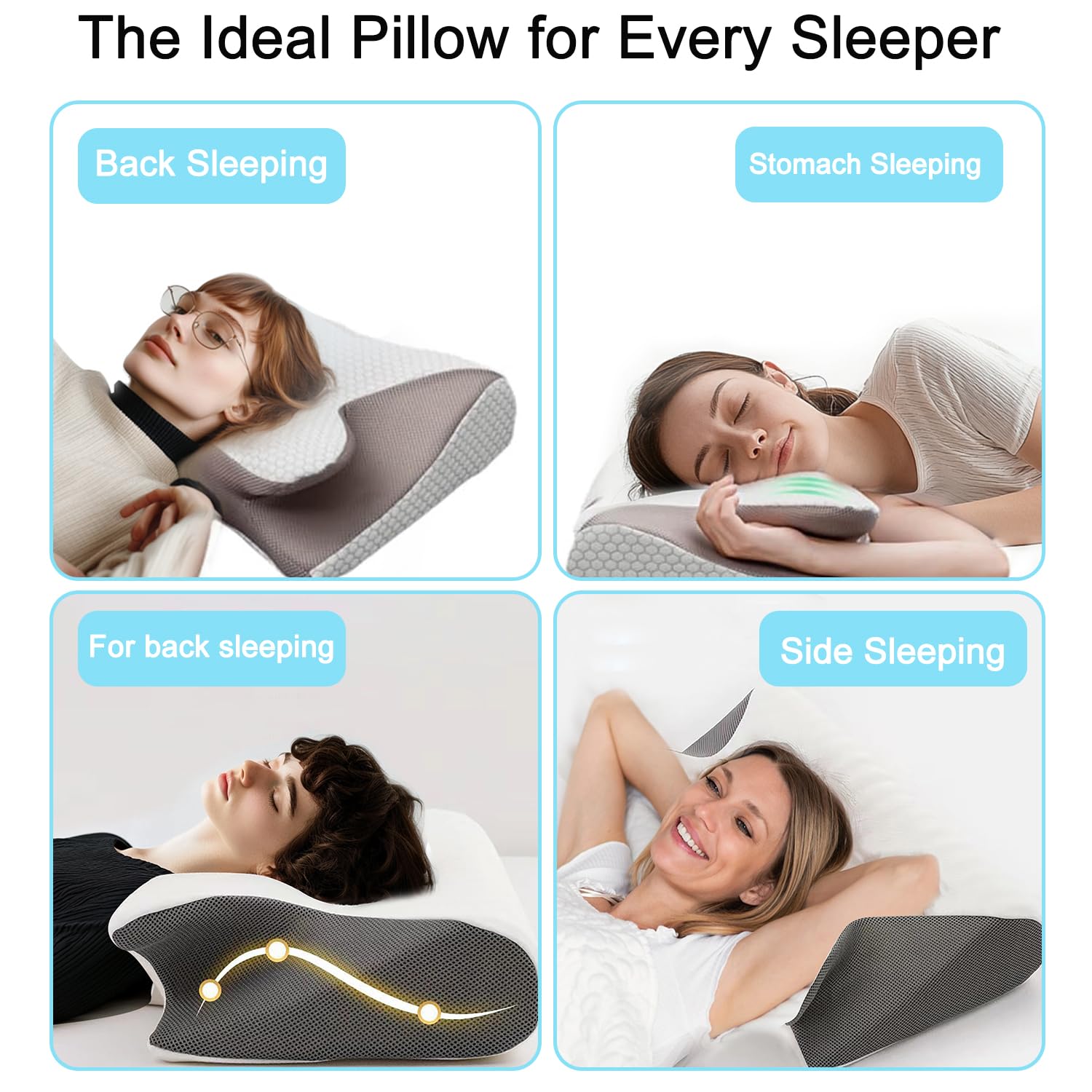 Almohada Cervicales y Cuello, Almohada con Memoria Viscoelástica de Rebote Lento, Almohada Ortopedica, Almohada Cervical Ergonómica para Dormir de Lado y Boca Arriba. (Negro)
