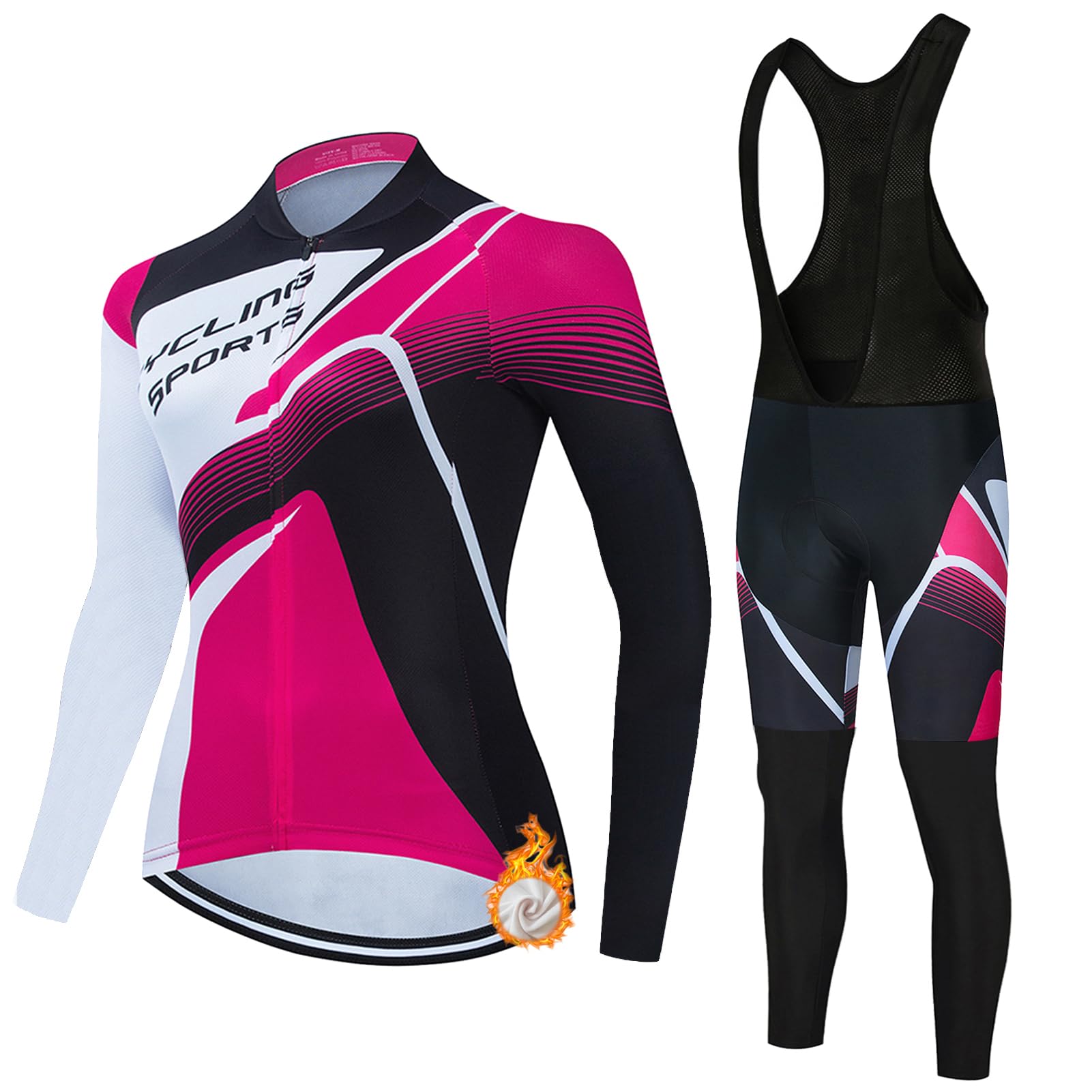Conjunto Ciclismo Mujer Invierno Maillot Bici MTB Polar Térmico Ropa Ciclista,Traje Bicicleta Chaquetas Ciclo Manga Larga y Pantalones Tirantes con 19D Gel Acolchado,Completa BTT Jerseys Transpirable