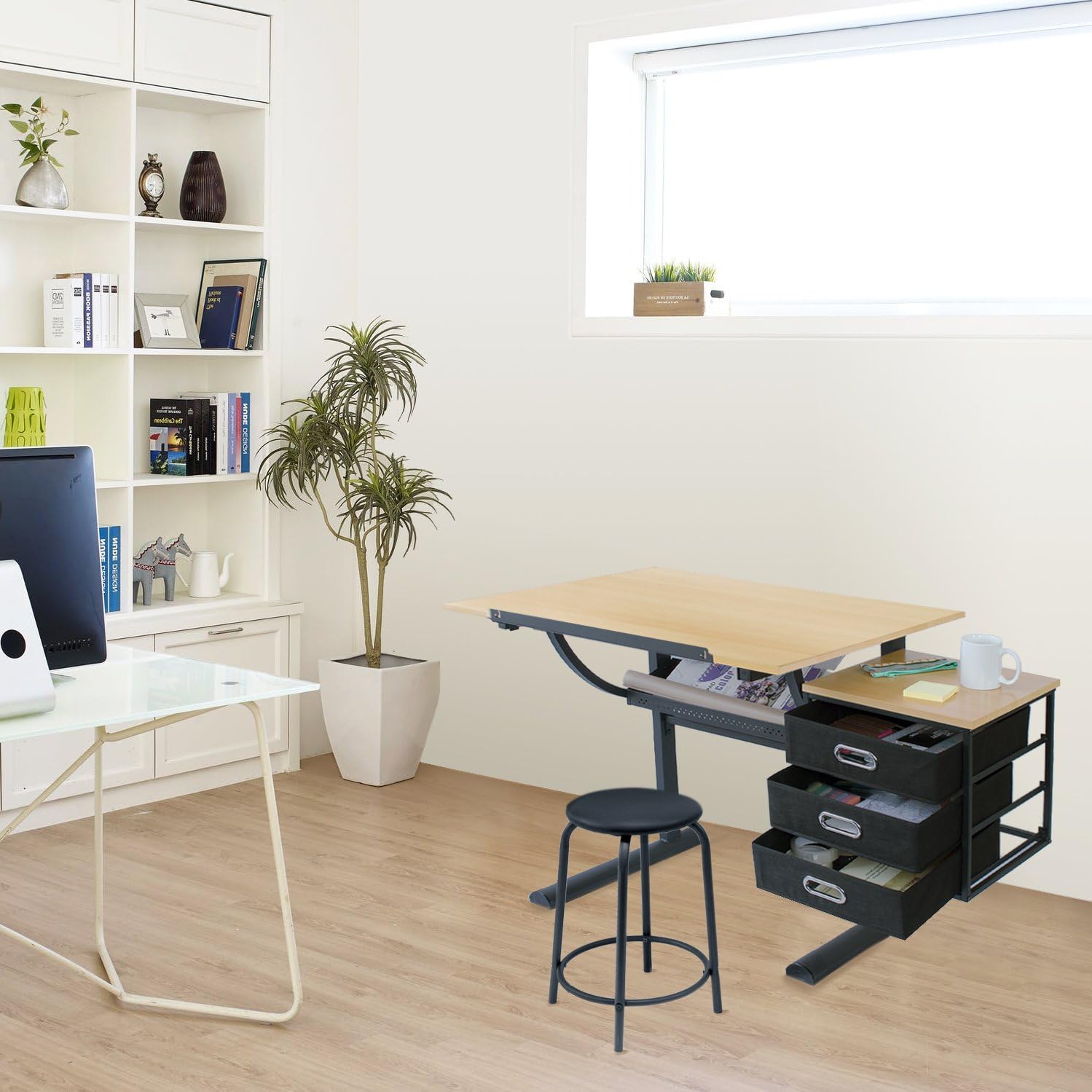 STATIONERY ISLAND Caye Table à Dessin pour l'art et l'Artisanat – Bureau à Dessin Inclinable avec Rangement, Tabouret et Pinces