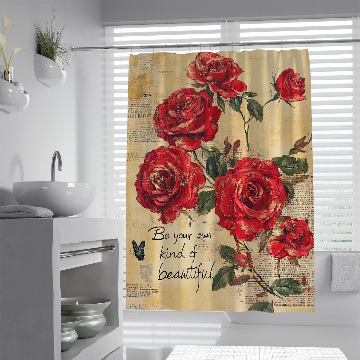 UIRINGART Vintage Kraft Newspaper Big Red Roses Shower Curtain W180xL180cm Antique Quote Butterfly Botanical Fabric Water Repellent Anti Mould Bathroom Curtain For Tub