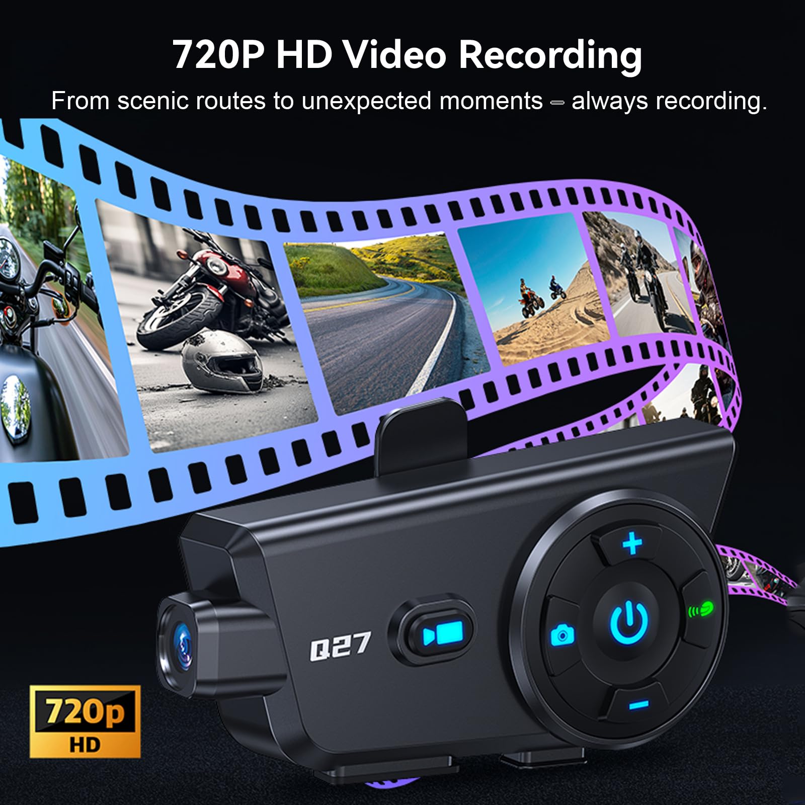 Intercomunicador Bluetooth para casco de motocicleta con cámara de salpicadero, grabación de video HD 720P, cámara de casco de motocicleta, intercomunicador manos libres, IP56 impermeable, tiempo de