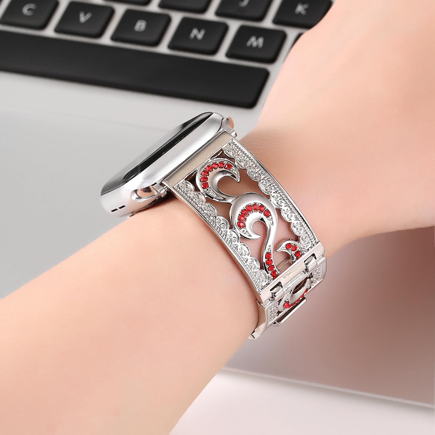 Dressy Jewelry Crystal Bracelet Compatible with Apple Watch Band 38/40/41/42/44/45/46/49mm iWatch Series 11/10/9/8/7/6/5/4,Bling Rhinestone Wristband Strap,Elegant Hollow-out Metal Bangle Women - Image 3