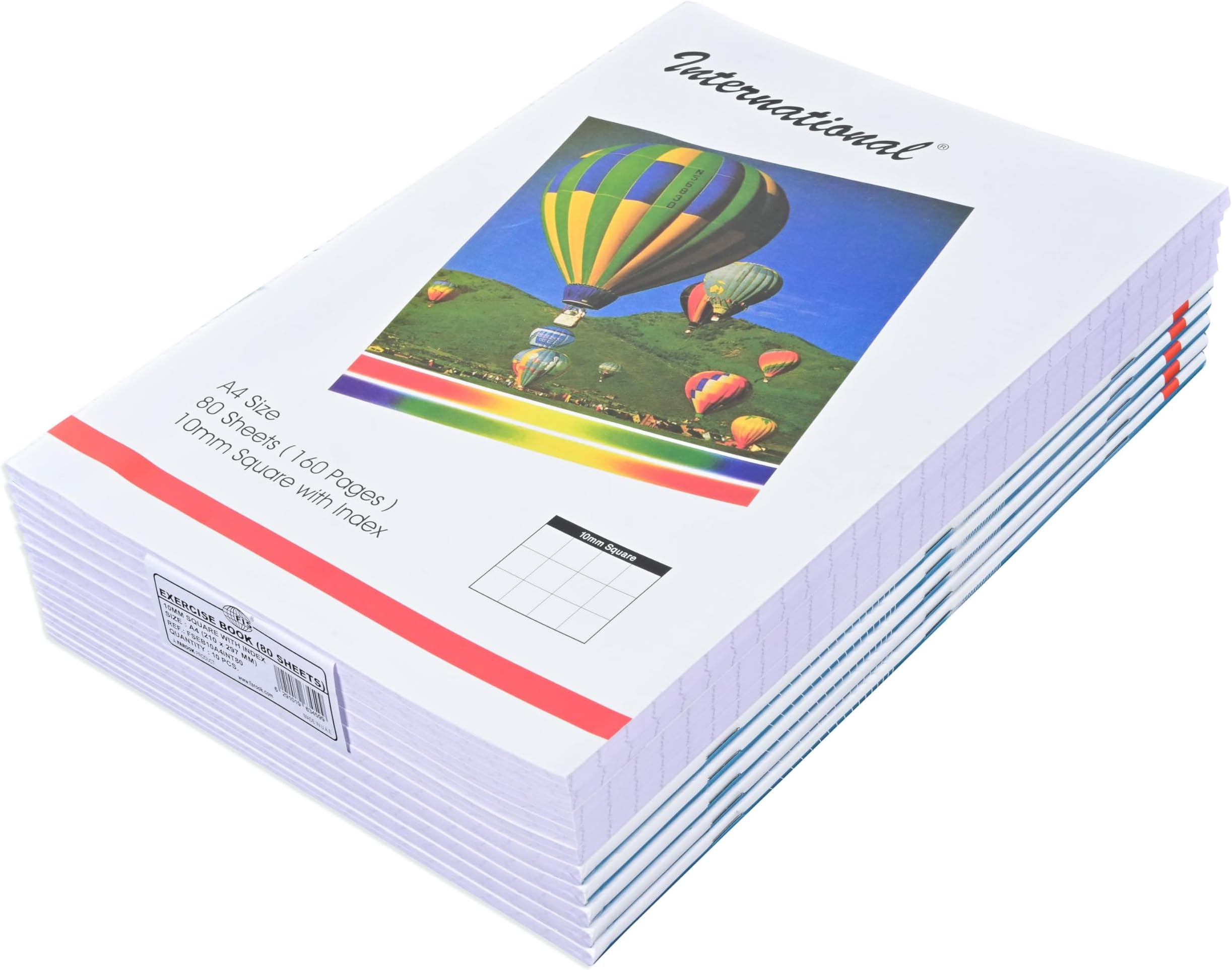 FIS International Exercise Books, Size A4(210x297mm), 10mm Square Grid Lines, 160 Pages, Packet of 10 Pieces, Color White-FSEB10A4INT80