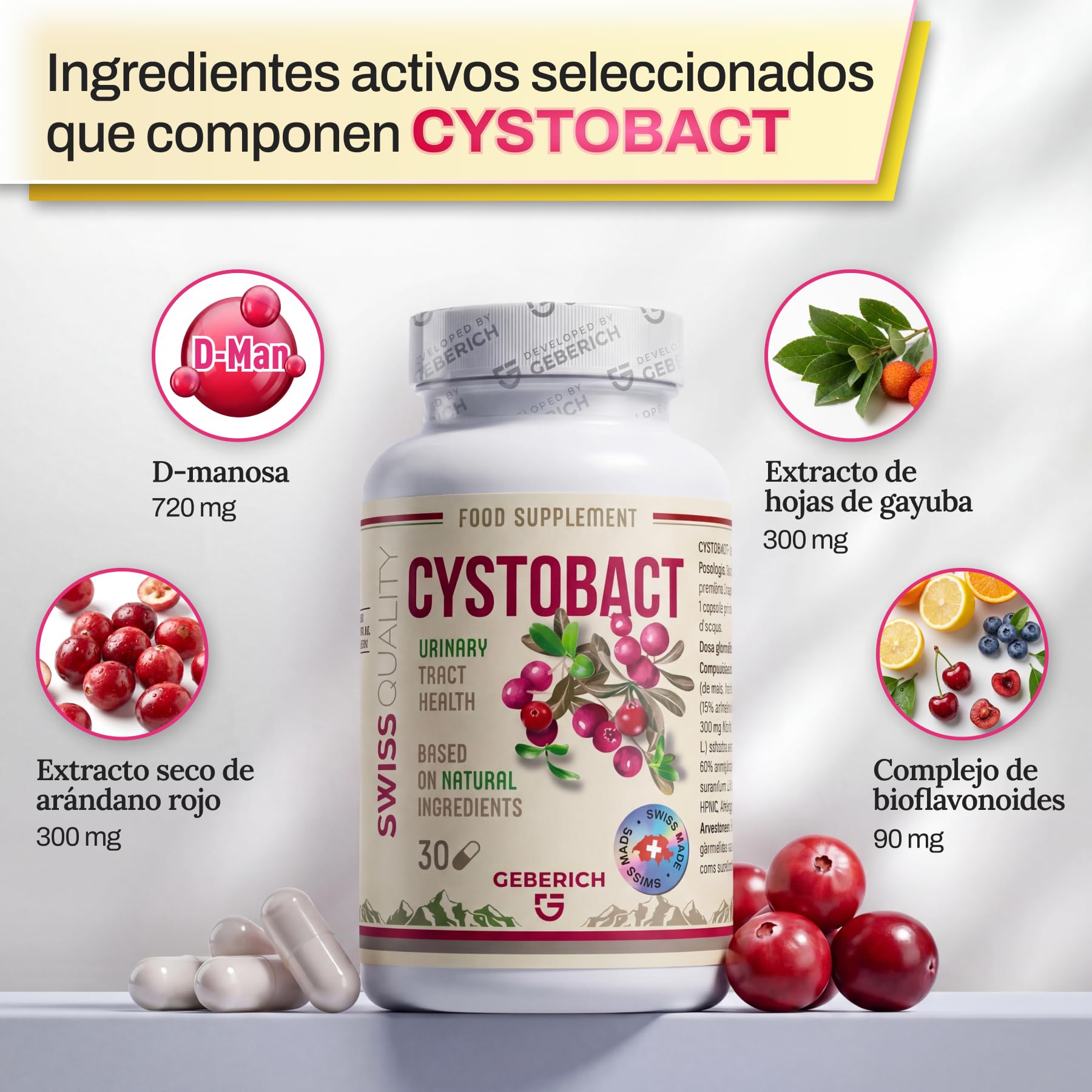Cápsulas CYSTOBACT | Salud de las Vías Urinarias | D-Manosa 720mg + Extracto de Arándano Rojo 300mg | Ayuda para Cistitis | con Arbutus unedo (5% Arbutina) 320mg y Bioflavonoides | 30 Cápsulas