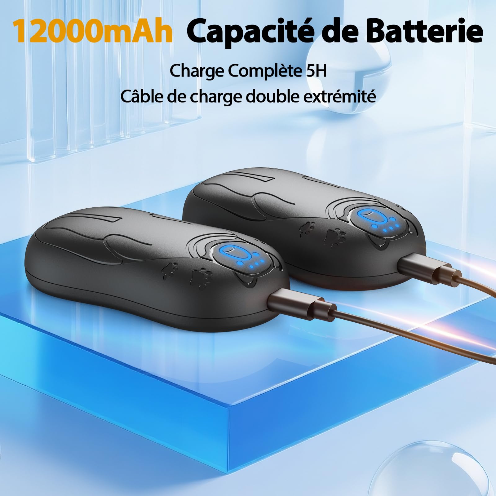 Chauffe Main Electrique 2 en 1 Noir, Chaufferette Main Reutilisable, 3 Niveaux de Chauffe, 12000mAh Rechargeable par USB, Cadeaux Hiver Unisexes, pour Camping et Sports en Extérieur