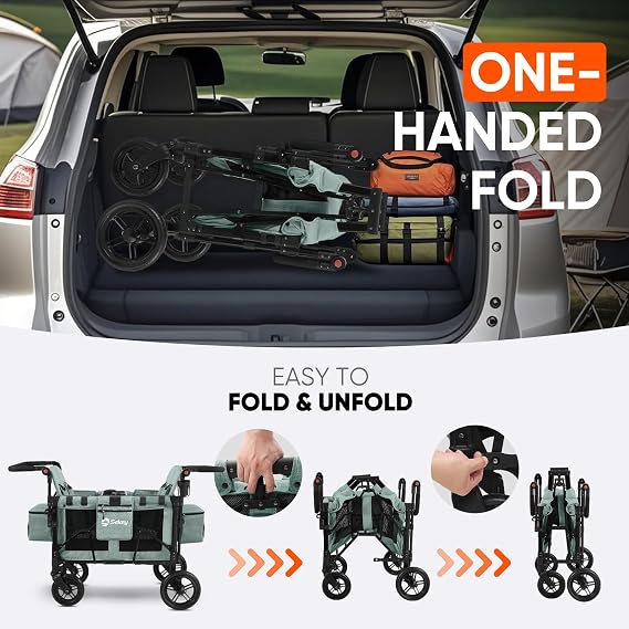 Sekey 4 Seater Stroller Wagon for Kids - Premium Quality with Convertible Seats, Adjustable Push Handles, Removable Canopy, Snack Tray & Cooler, US Certified.