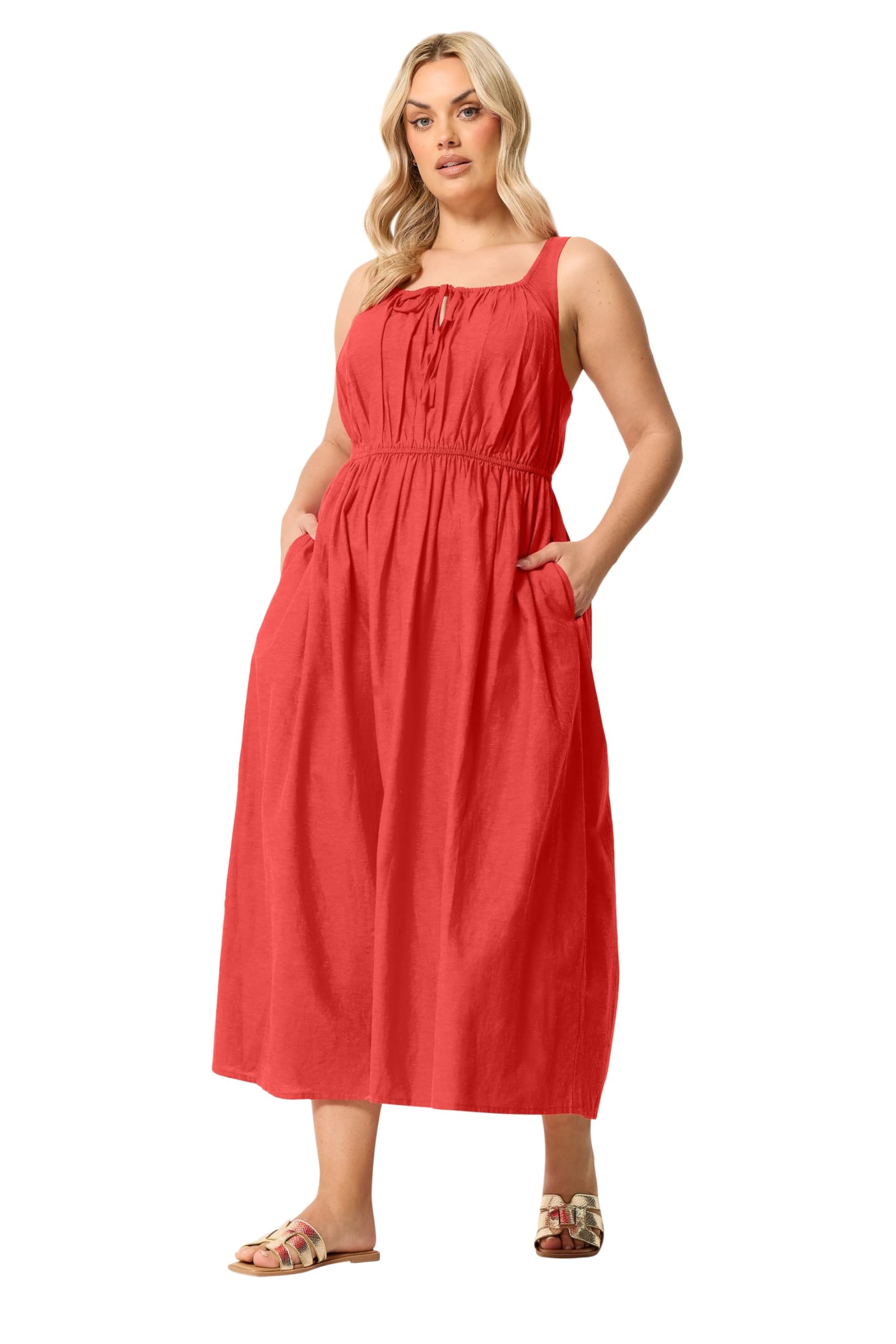 Yours Women's Linen Milkmaid Dress in Red | Size: 26-28