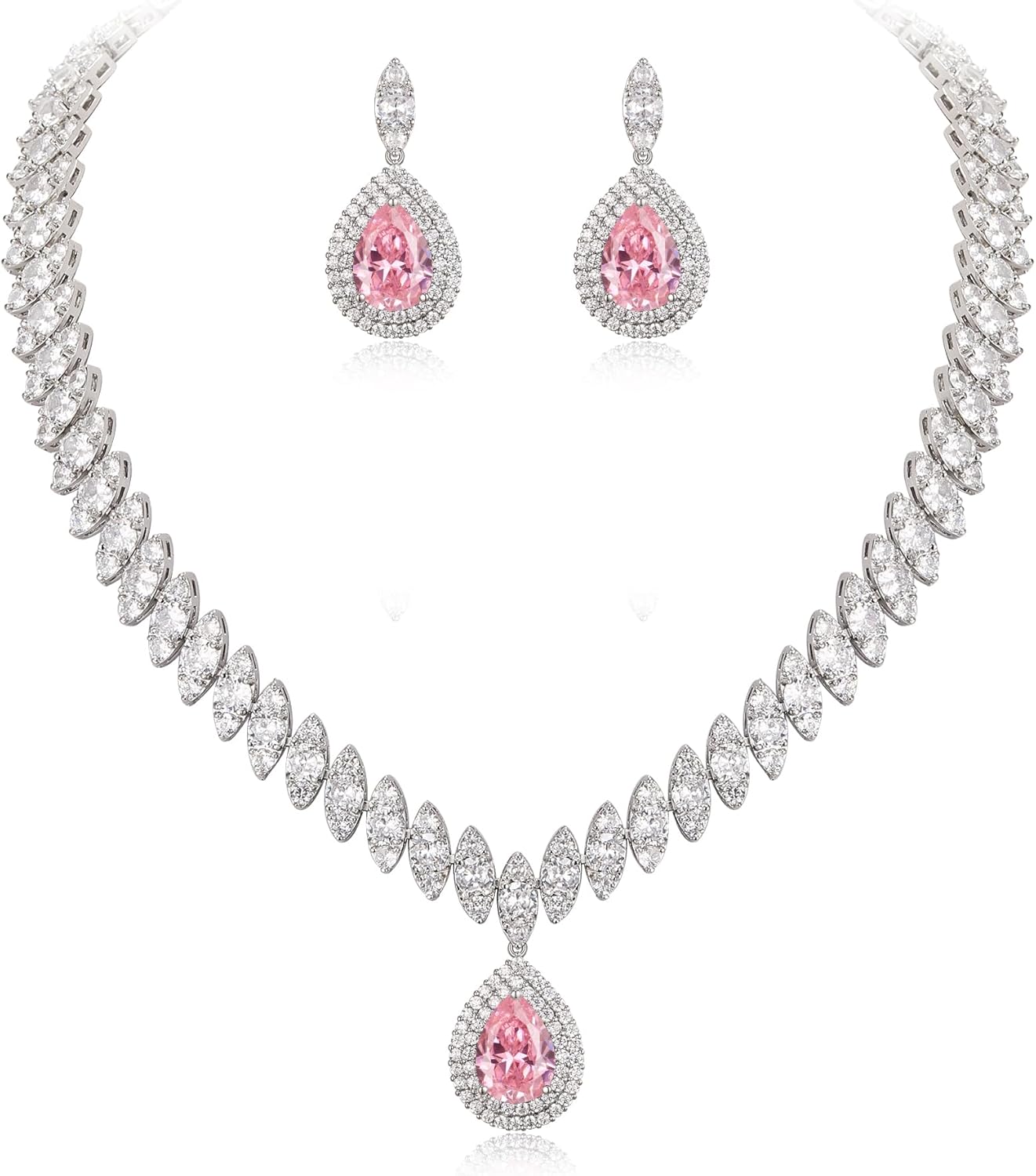 EVER FAITH Women's CZ Marquise-Shaped Leaf Teardrop Pendant Necklace Earrings Set Silver-Tone