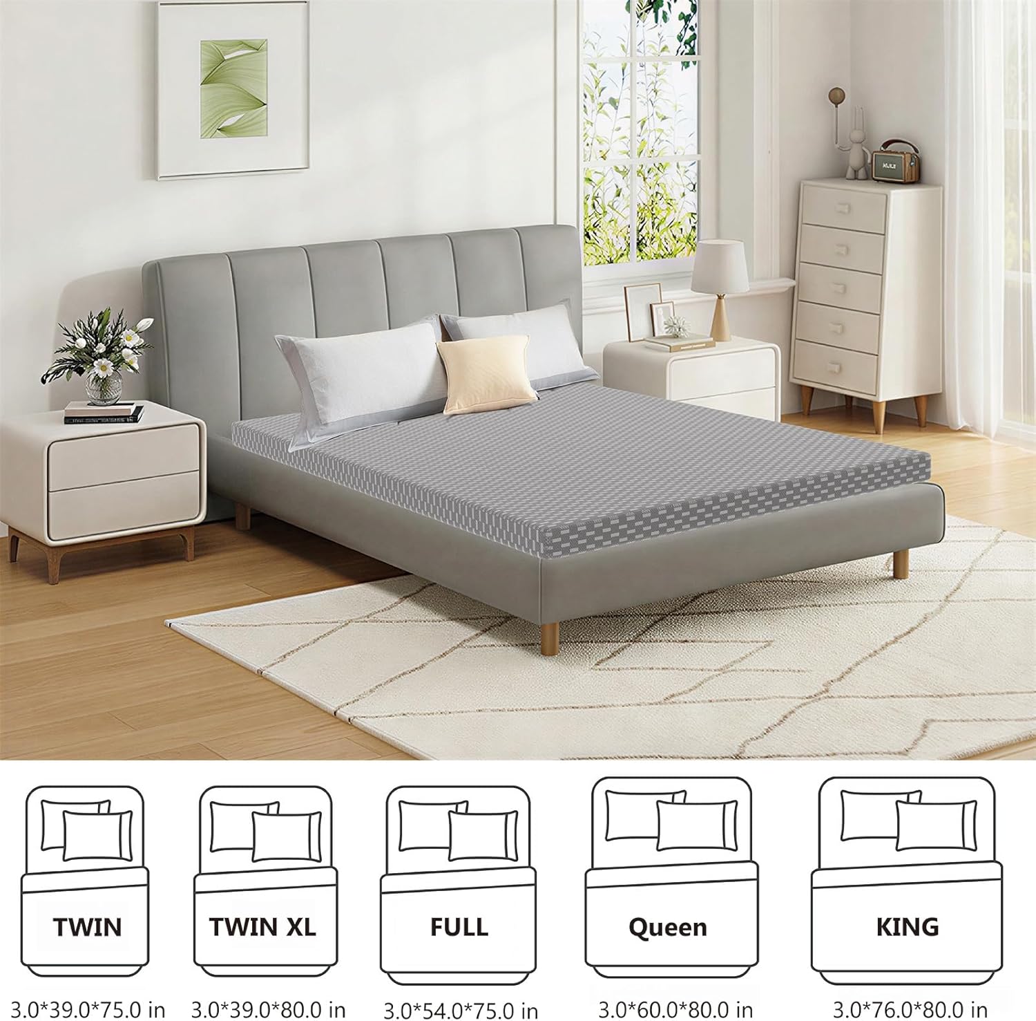 King Mattress, 3Inch Memory Foam Mattress in a Box, Pressure Relief, Soft for Platform Bed Double Size Daybed Bunk, Medium Firm (Grey, King 3in)
