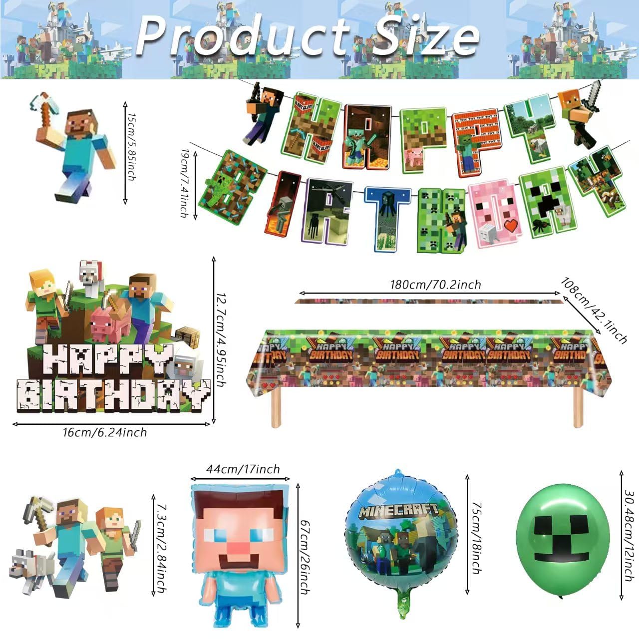 54Pcs Minecra_ft Pixel Birthday Decorations, Pixel Balloons Party Supplies Include Birthday Banner Cake tablecloth Toppers Latex Balloons Ribbons. — view 3